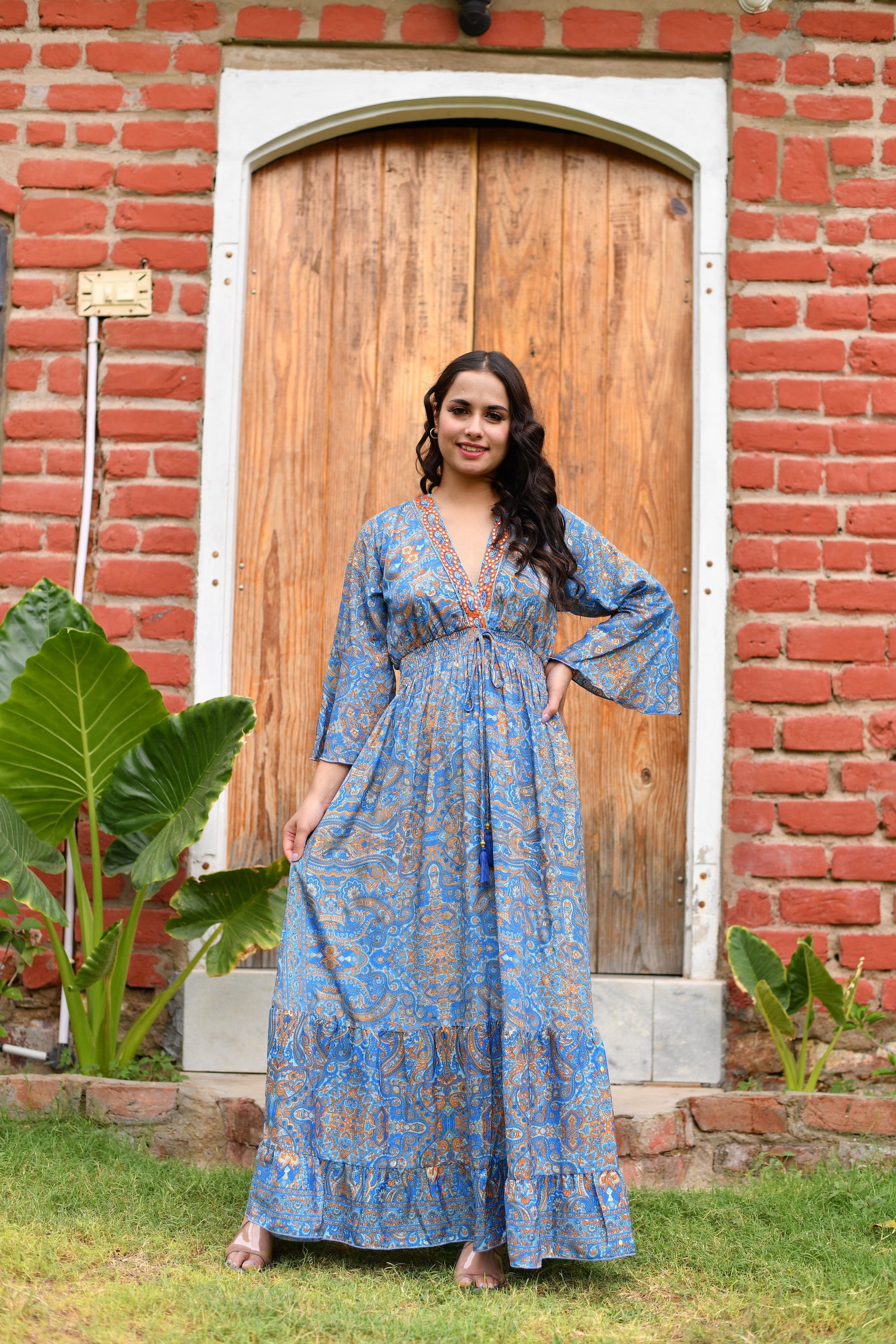 Long embroidery featured cross back boho maxi dress- Smisingbee