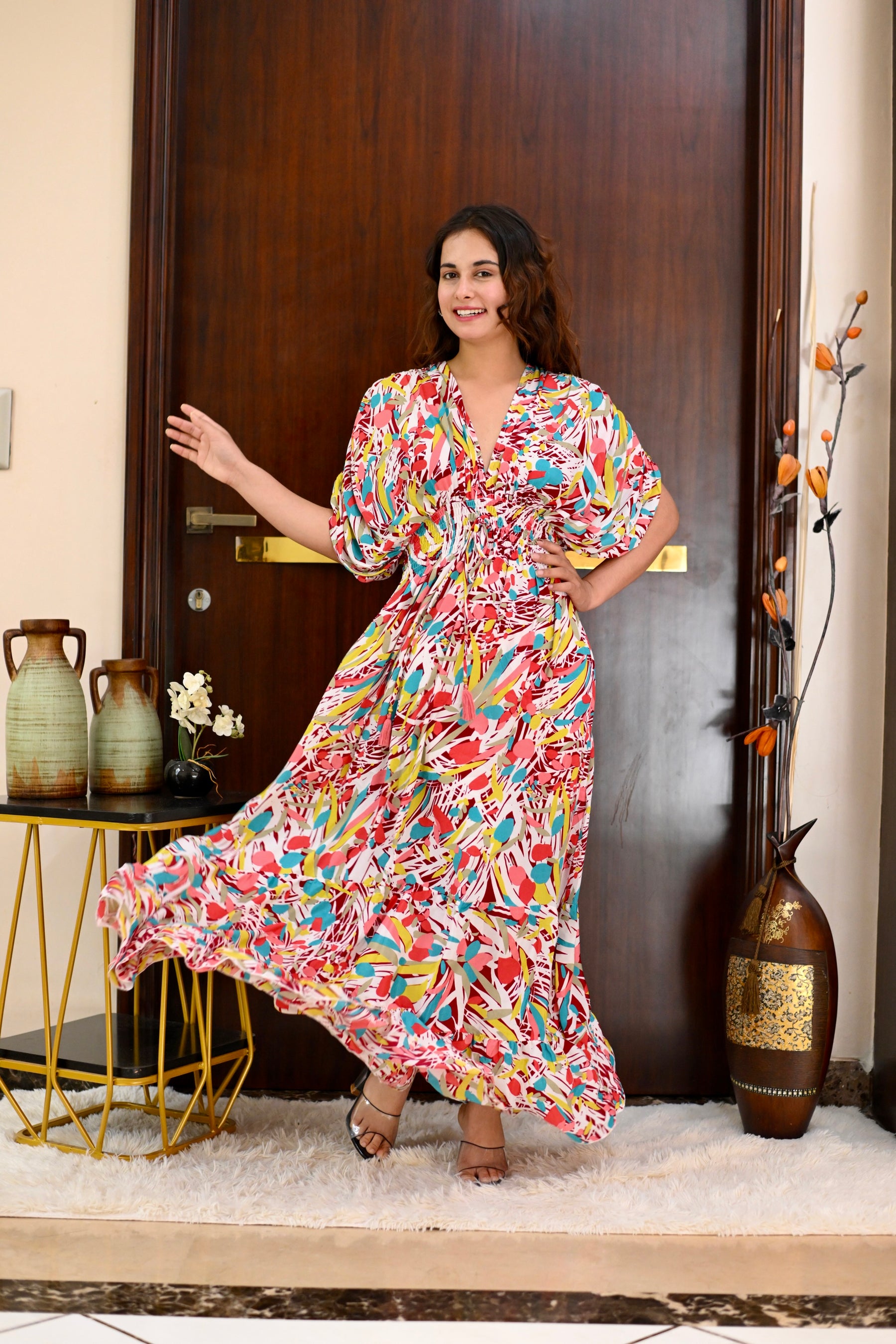 Ballon Pattern Boho Printed Maxi Dress - Rosy Elegance