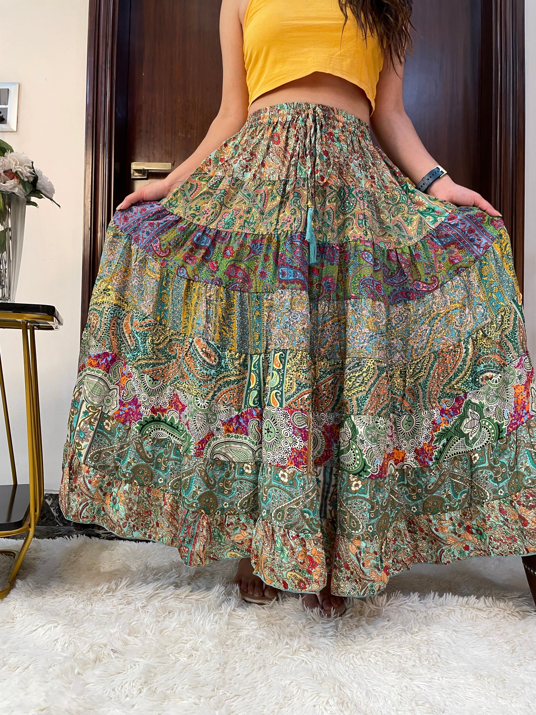 Multi Panel Boho Printed  Long Skirt -Pastel Mosaic Mirage