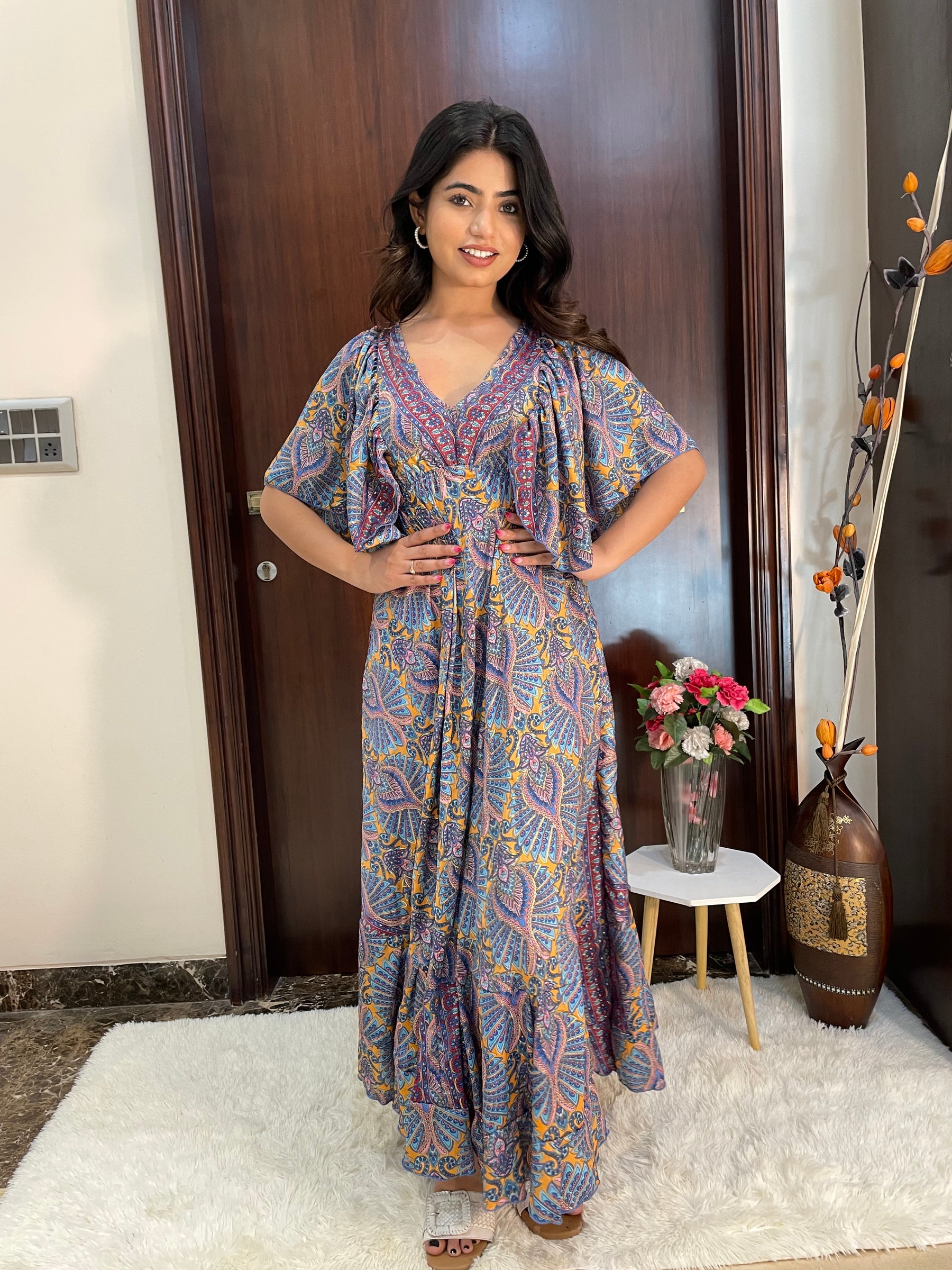Deep V neck gold (foil) print featured boho maxi dress-Smisingbee