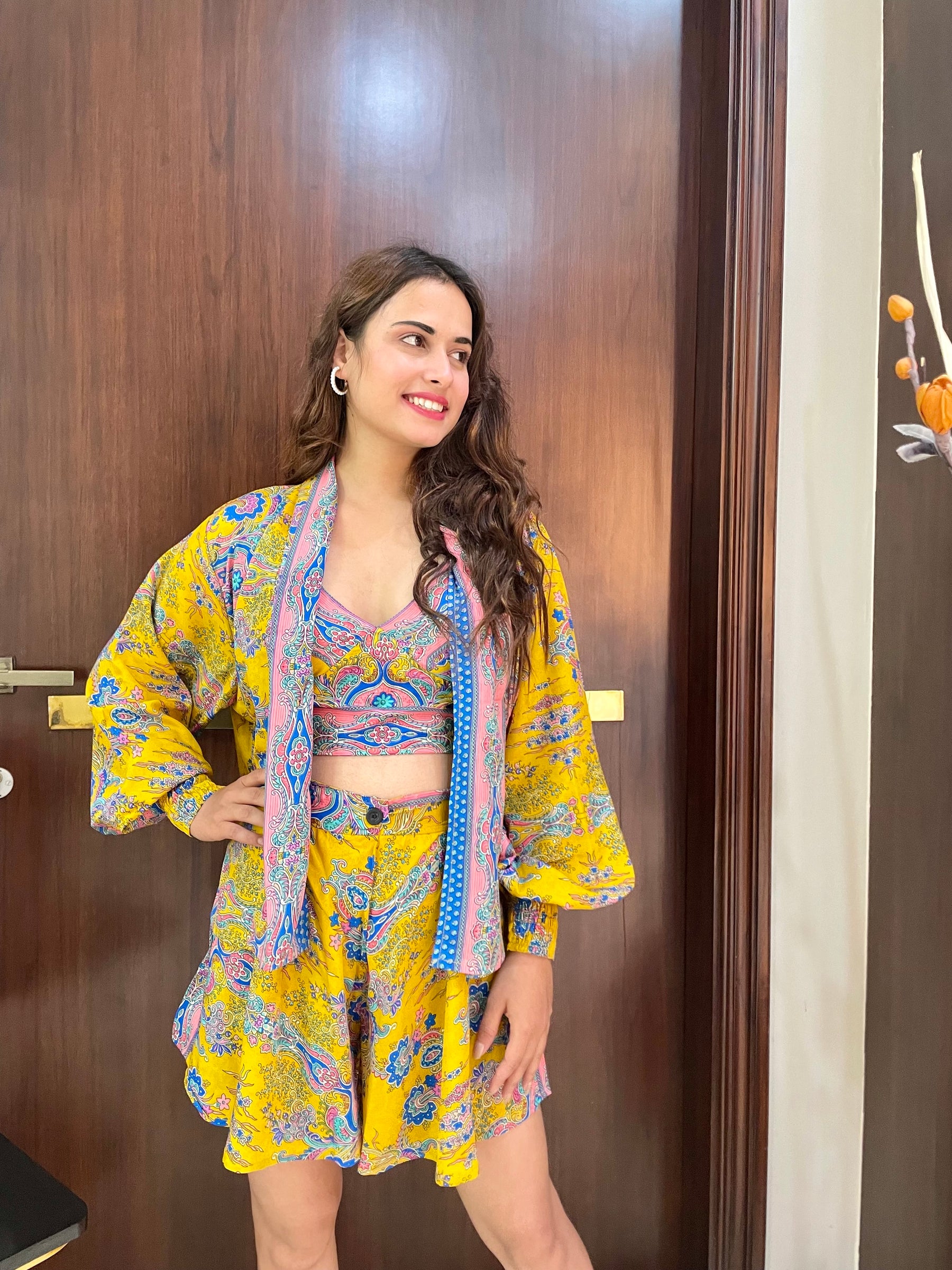 Puff Sleeves Kimono and Shorts Coordinate Set (3 Piece)- Lemon Zest Chic