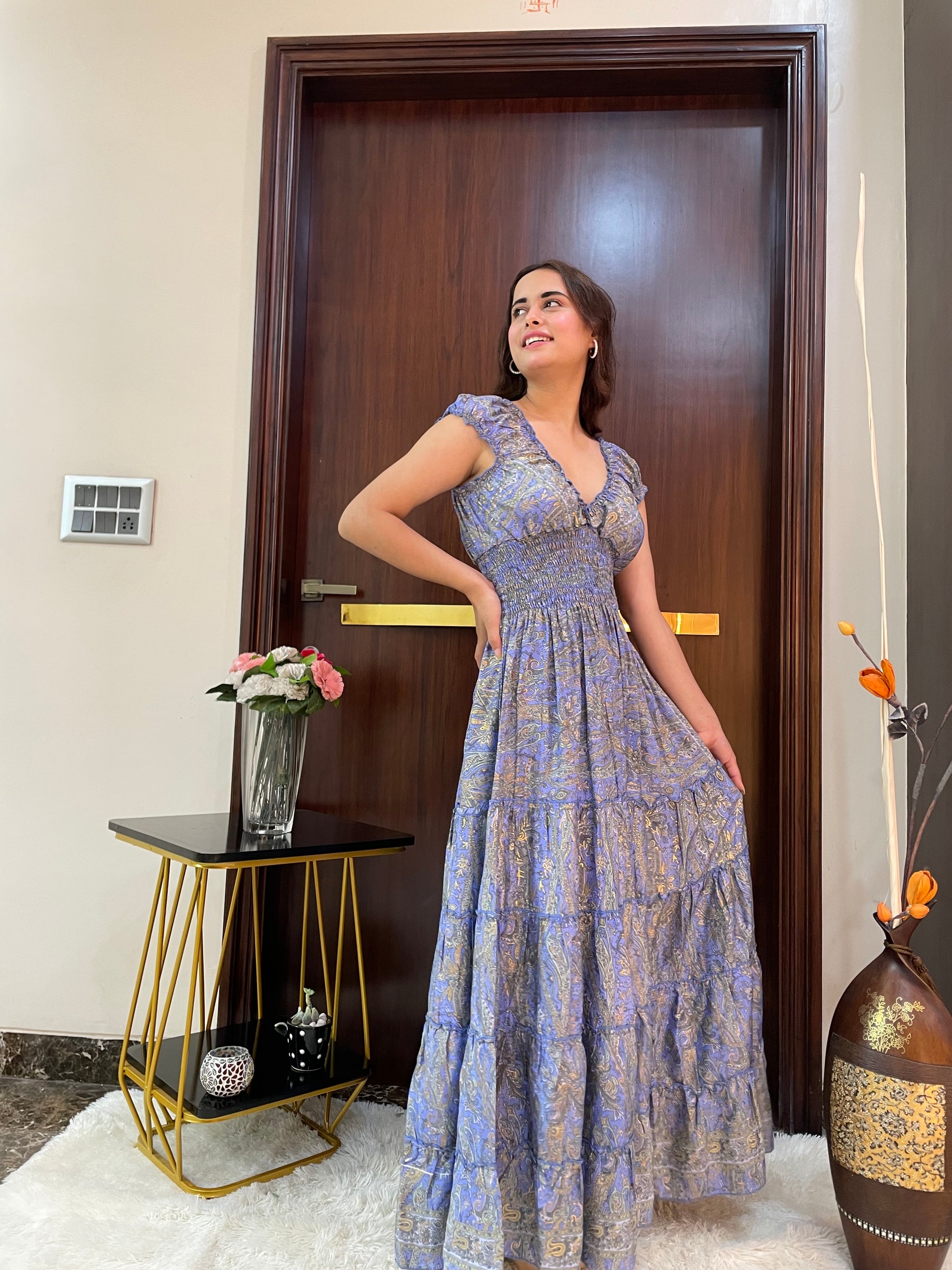 Classic Charm Boho Printed Maxi Dress - Blueberry Latte