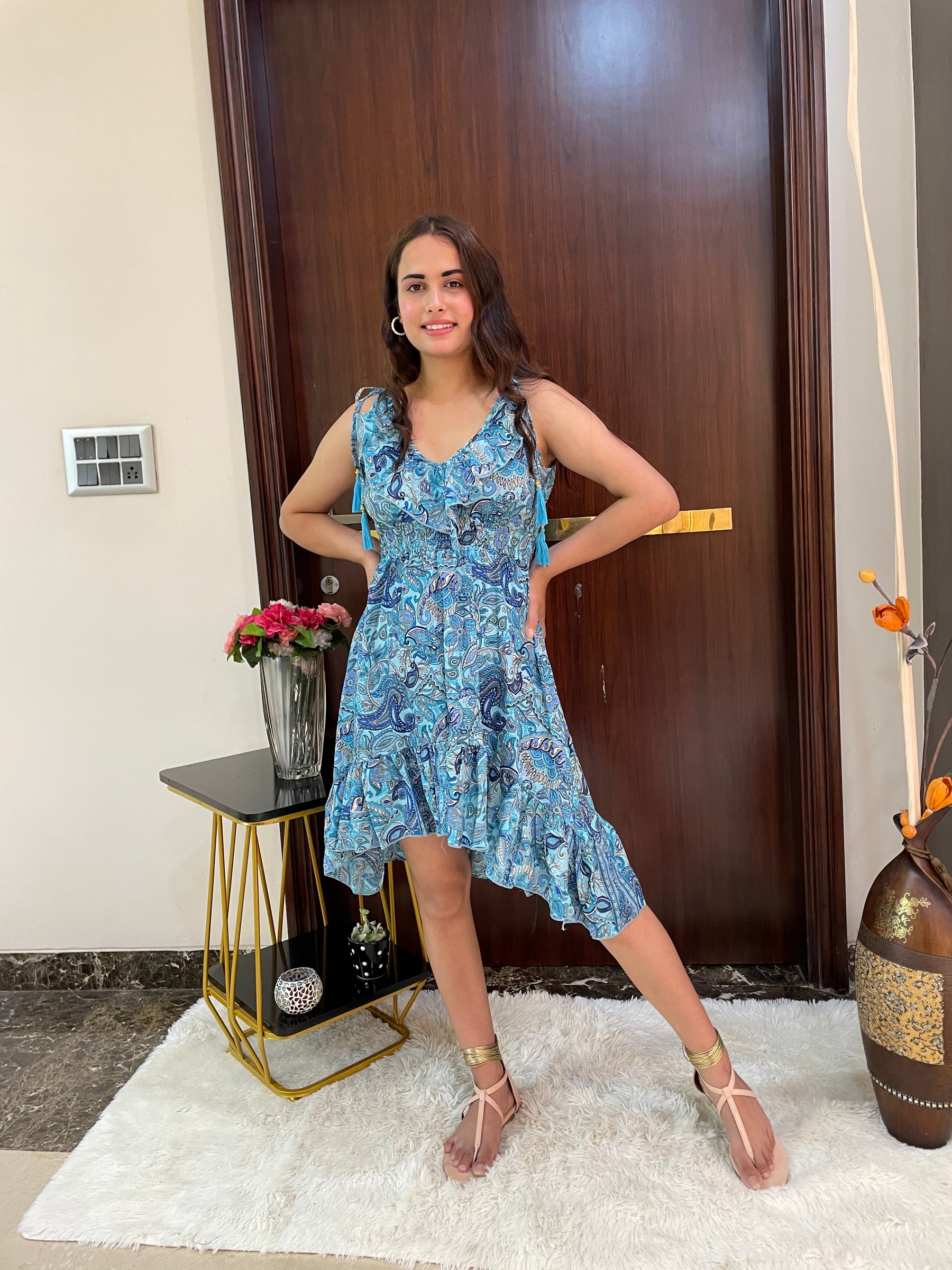 Frilled Flair Boho Printed Short Dress- Blue