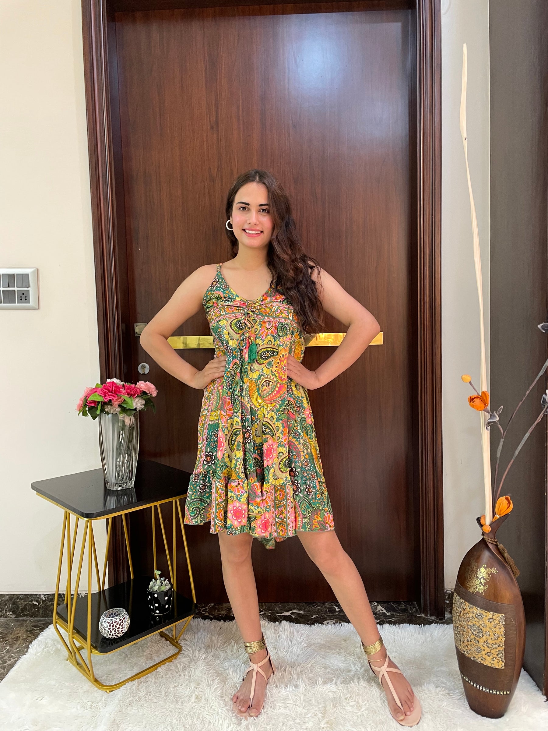 Ruched Bust Boho Printed Short Dress - Lime Sunshine