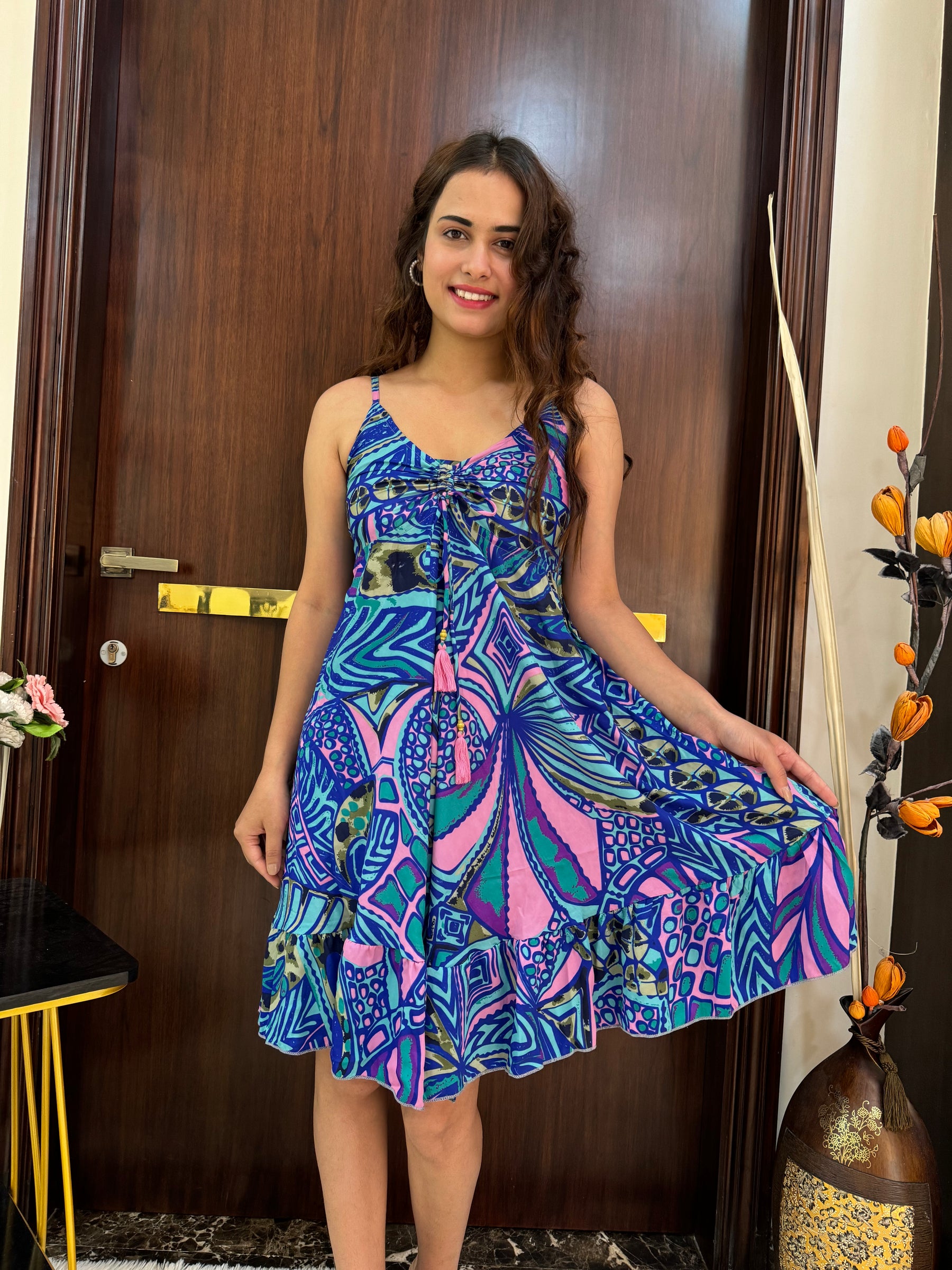Ruched Bust Boho Printed Short Dress - Royal Elegance SmisingBee
