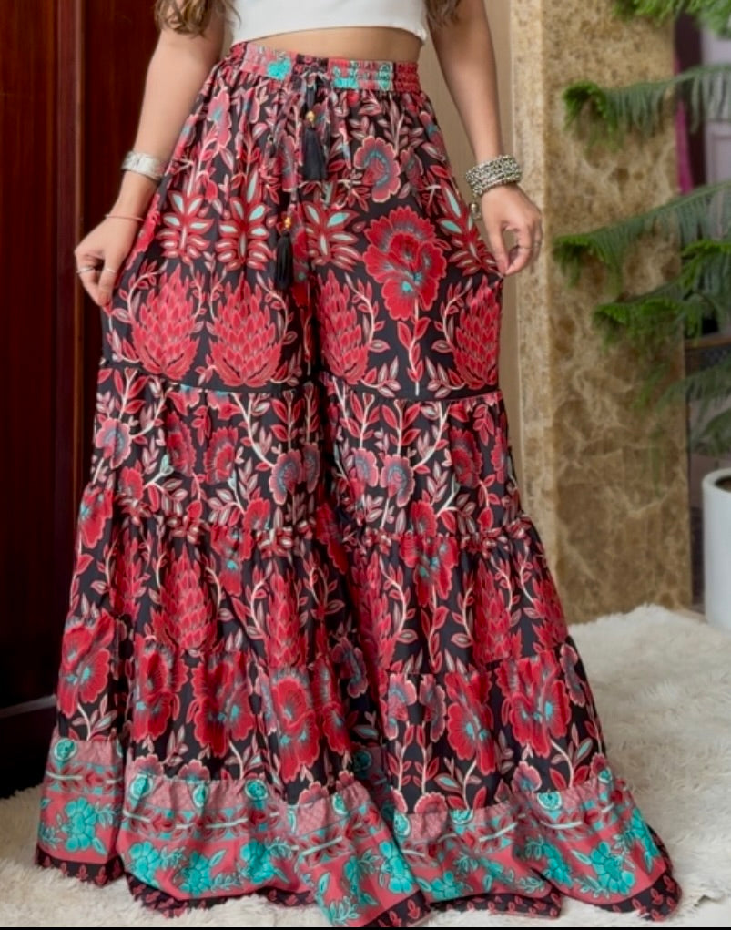 Ruffle Panel Boho Printed Palazzo - Red