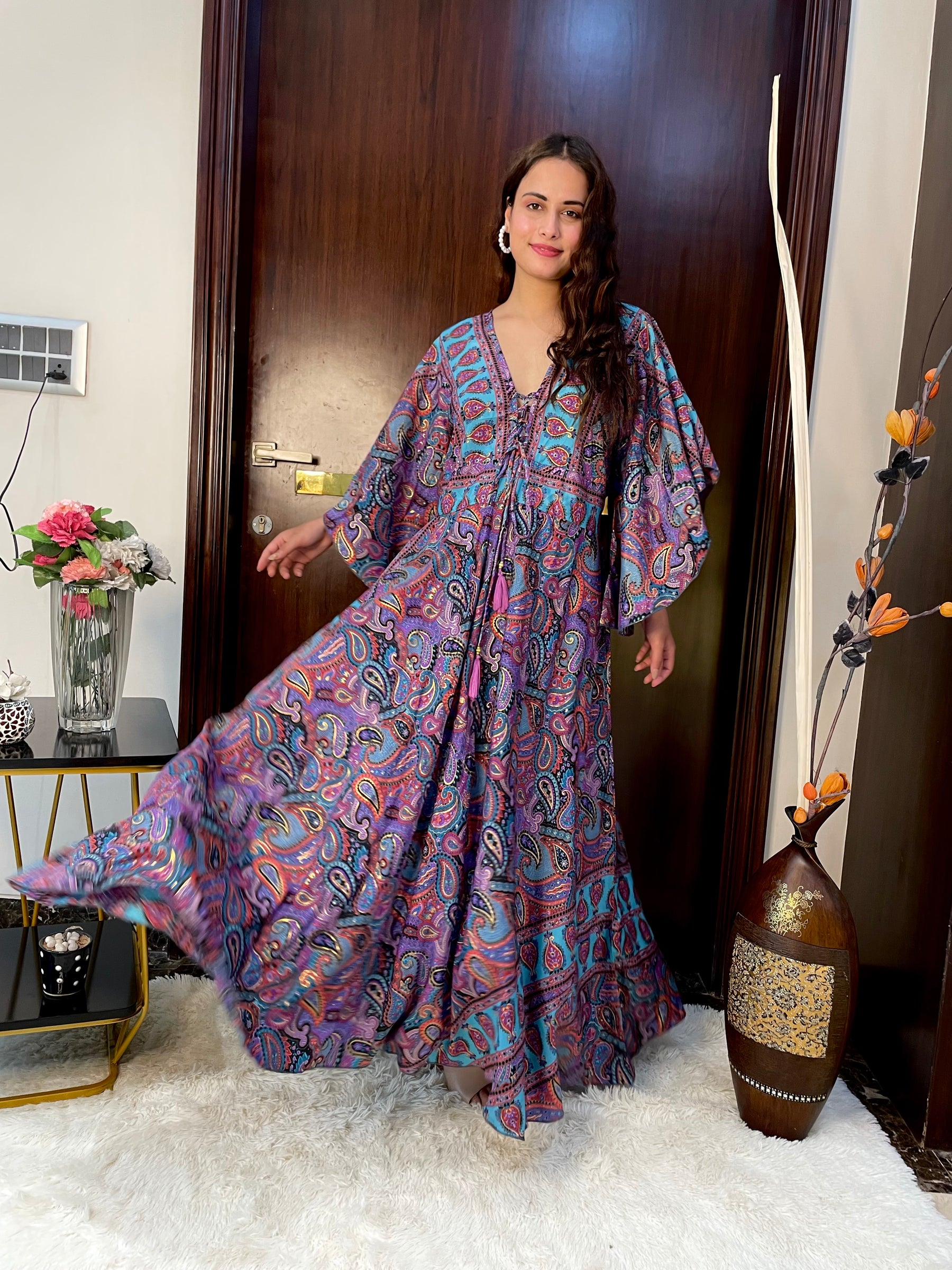 Bell Sleeves Criss Cross Front Boho Printed Maxi Dress -Violet Twilight Whimsy