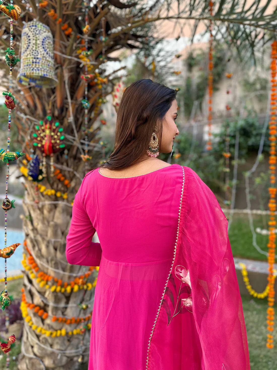 Organza Dupatta Pink Kurta Set