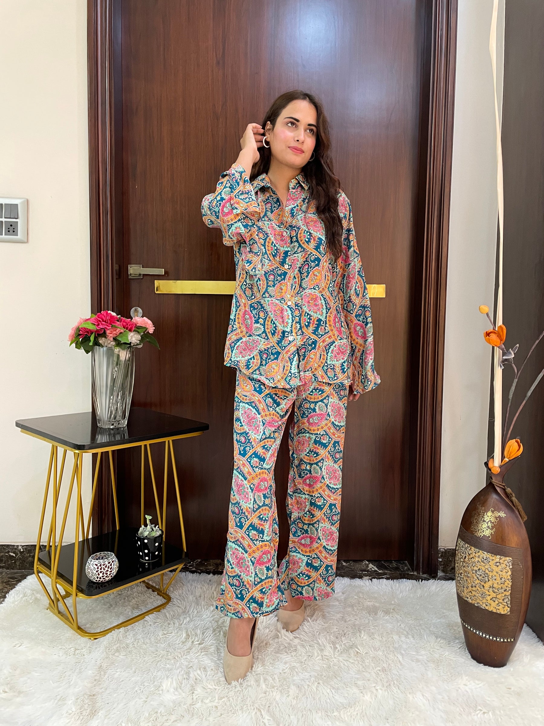 Boho Printed Bell Sleeves Coordinate Set - Oceanic Elegance ( Two - Piece)
