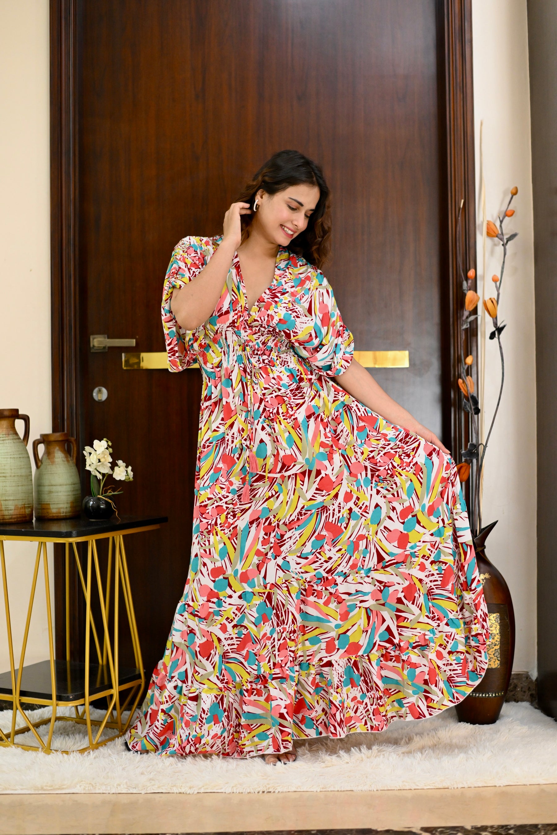 Ballon Pattern Boho Printed Maxi Dress - Rosy Elegance