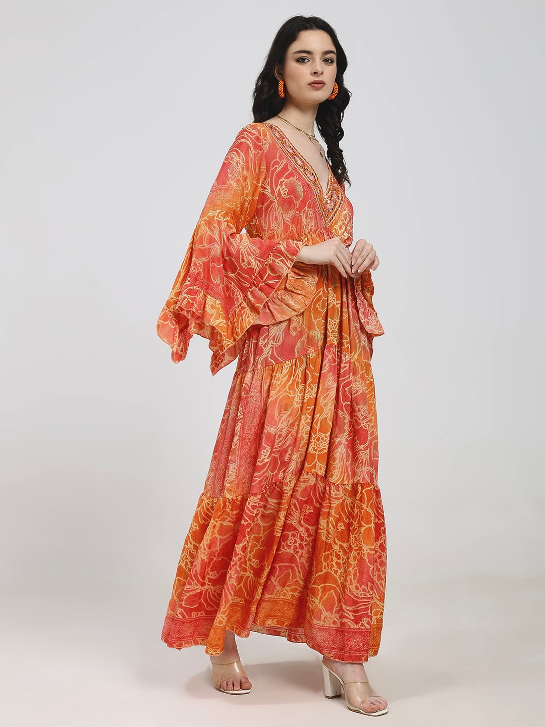 Ruffle Sleeves Boho Maxi Dress- Tangerine Light
