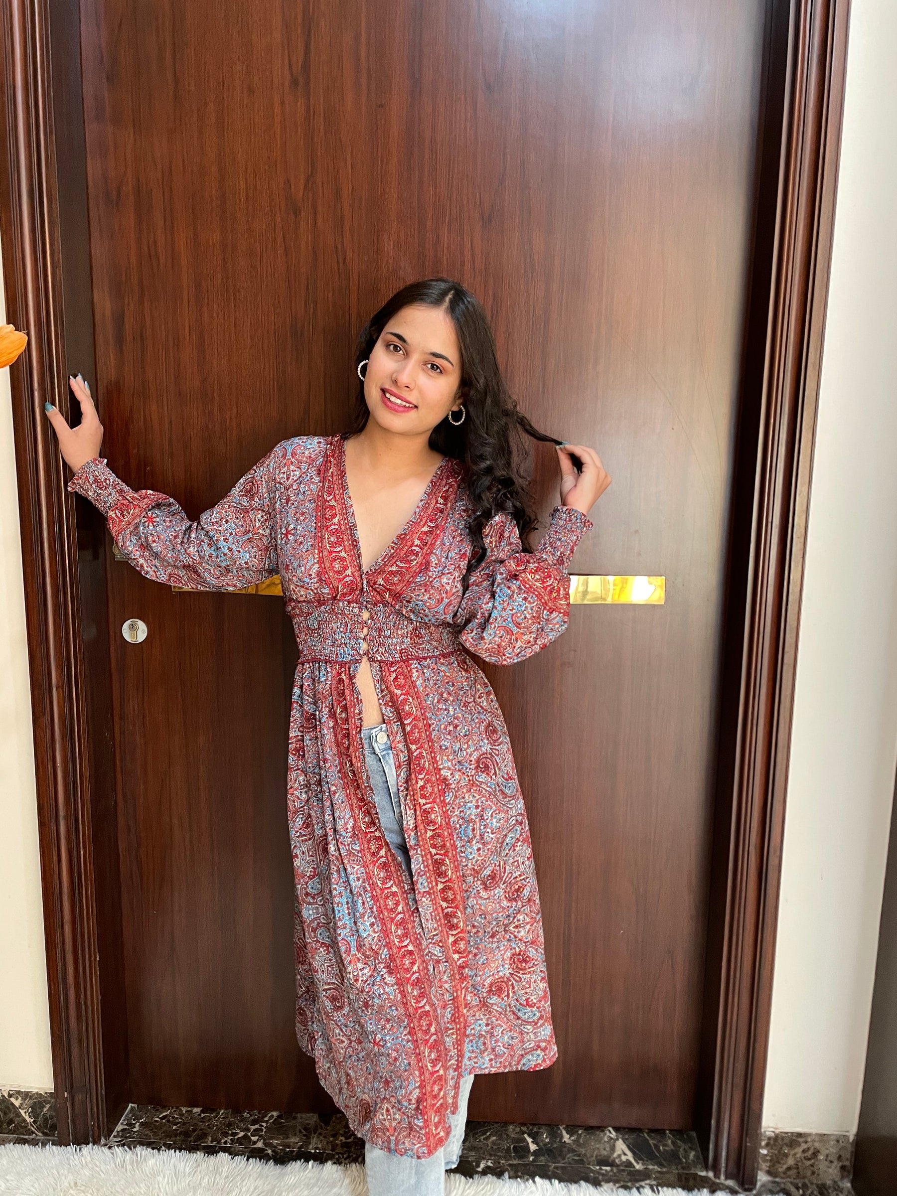 Middle Slit Boho Printed Long Top