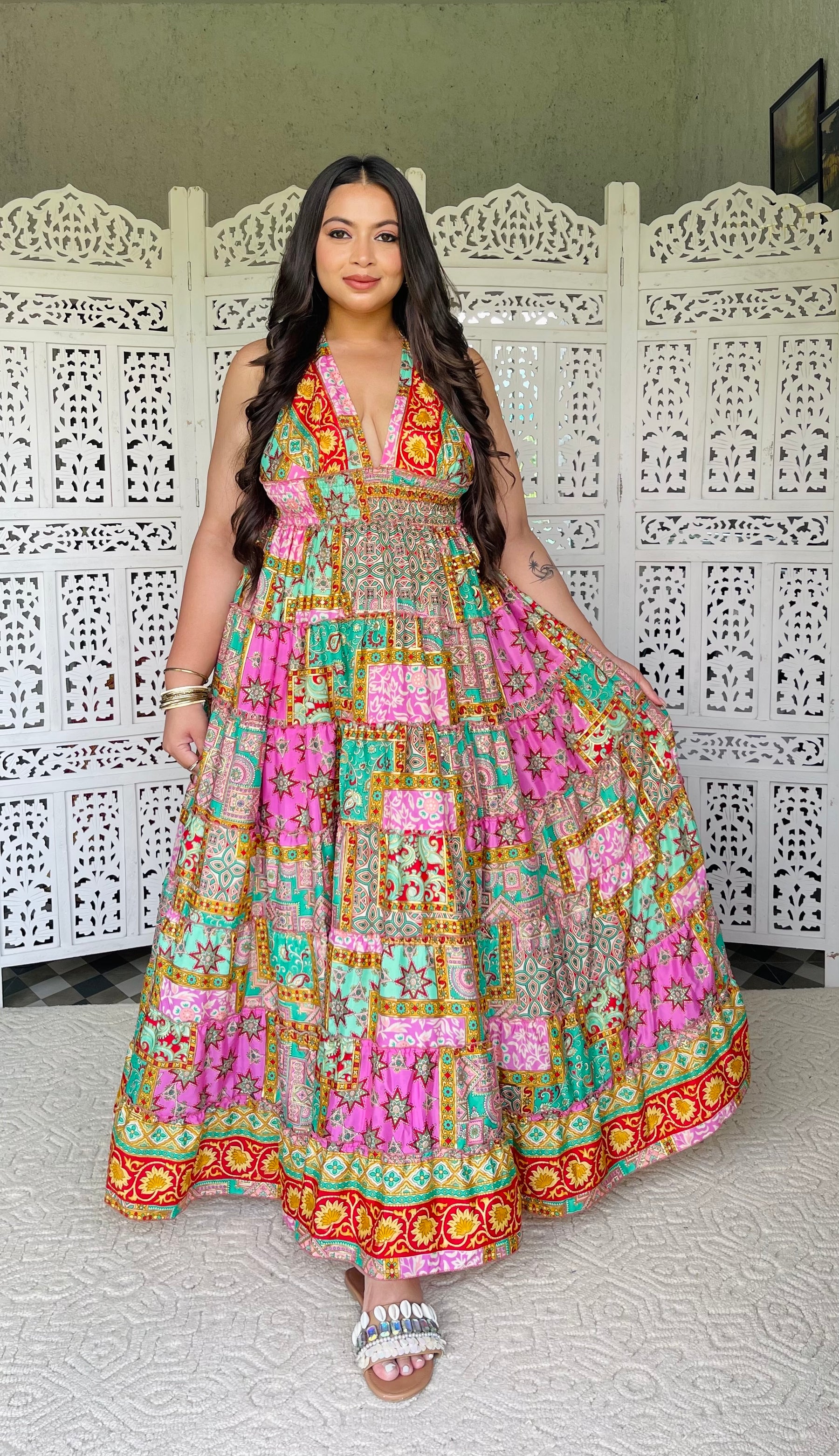 Halter Neck Multi Panel Boho printed Maxi Dress - Rainbow Rhythm
