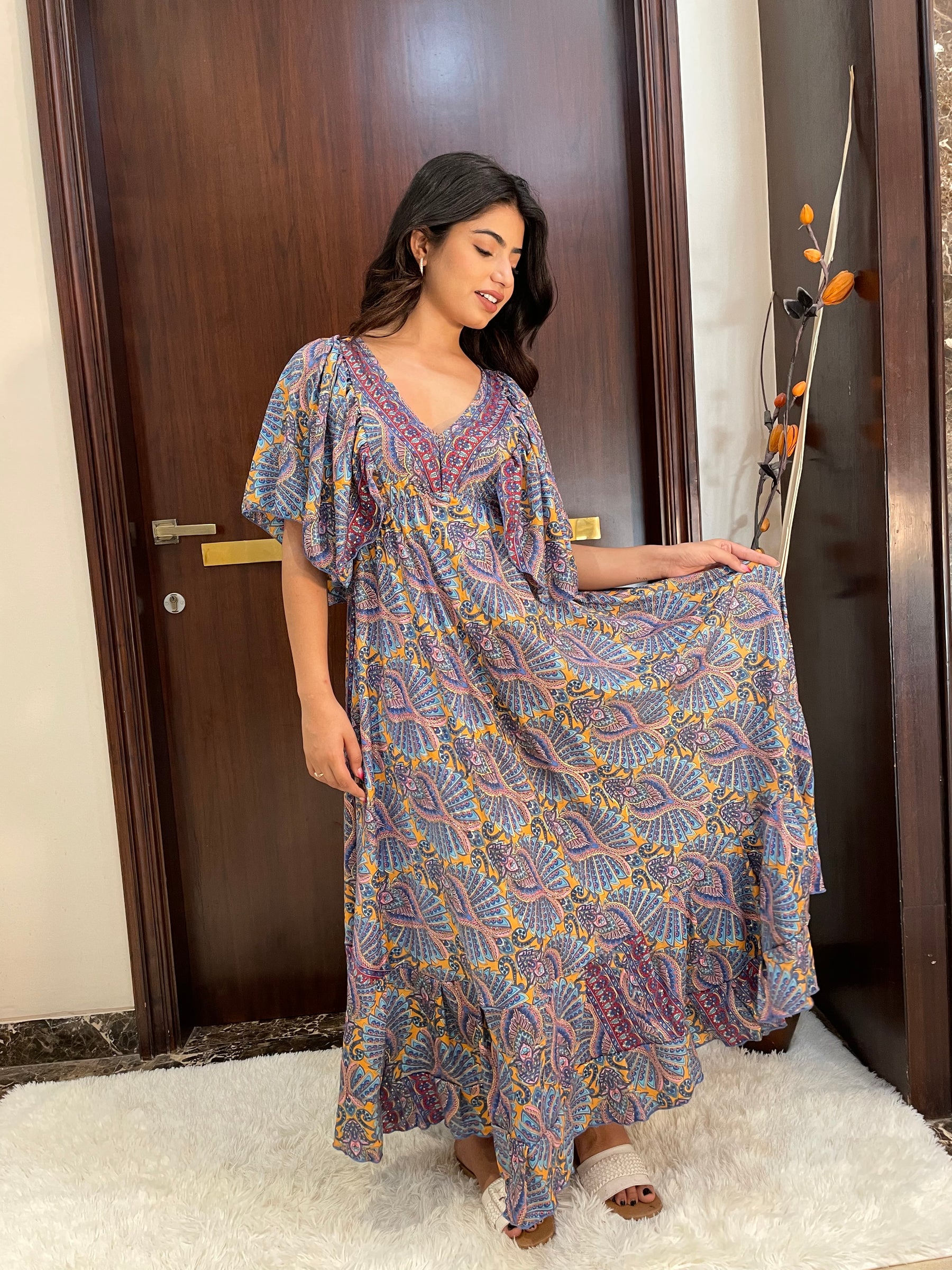 Deep V neck gold (foil) print featured boho maxi dress-Smisingbee