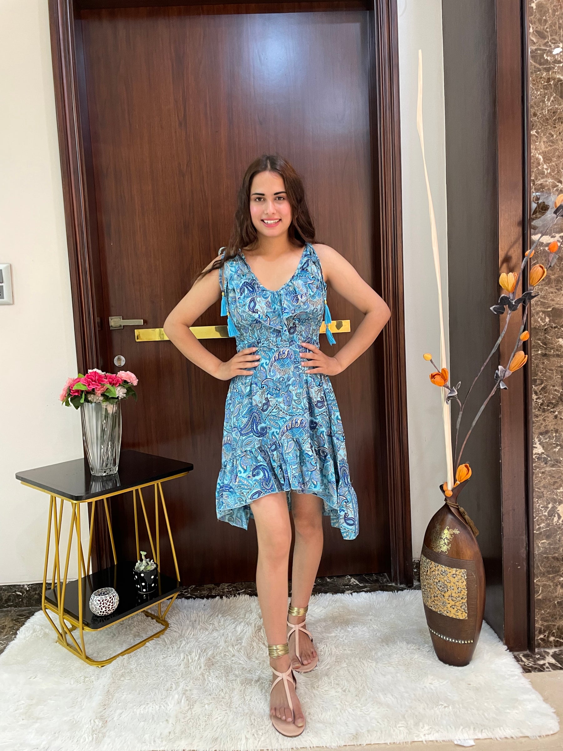 Frilled Flair Boho Printed Short Dress- Blue