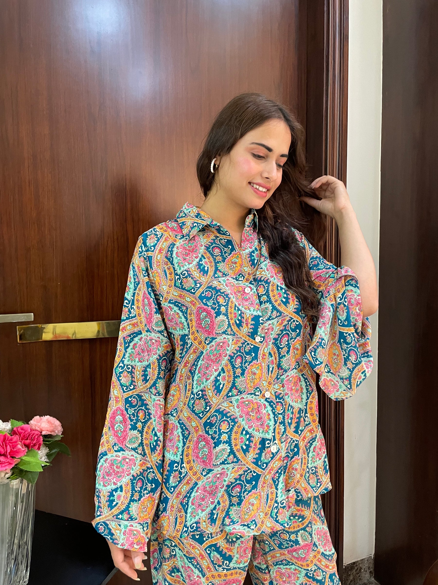 Boho Printed Bell Sleeves Coordinate Set - Oceanic Elegance ( Two - Piece)