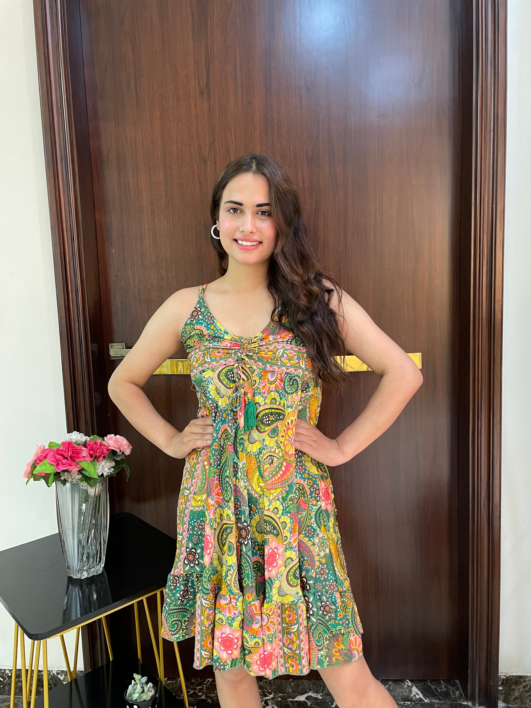 Ruched Bust Boho Printed Short Dress - Lime Sunshine