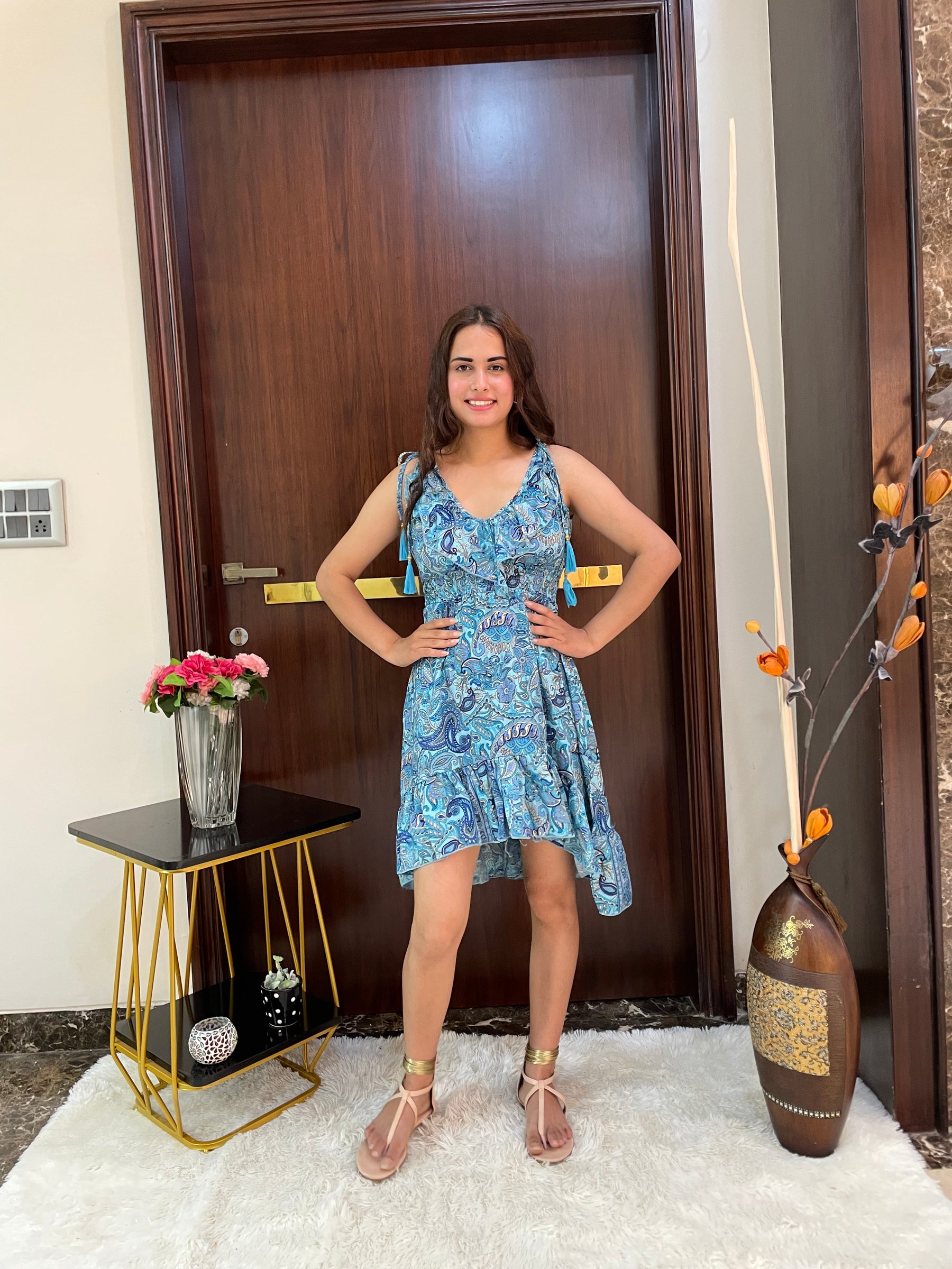 Frilled Flair Boho Printed Short Dress- Blue