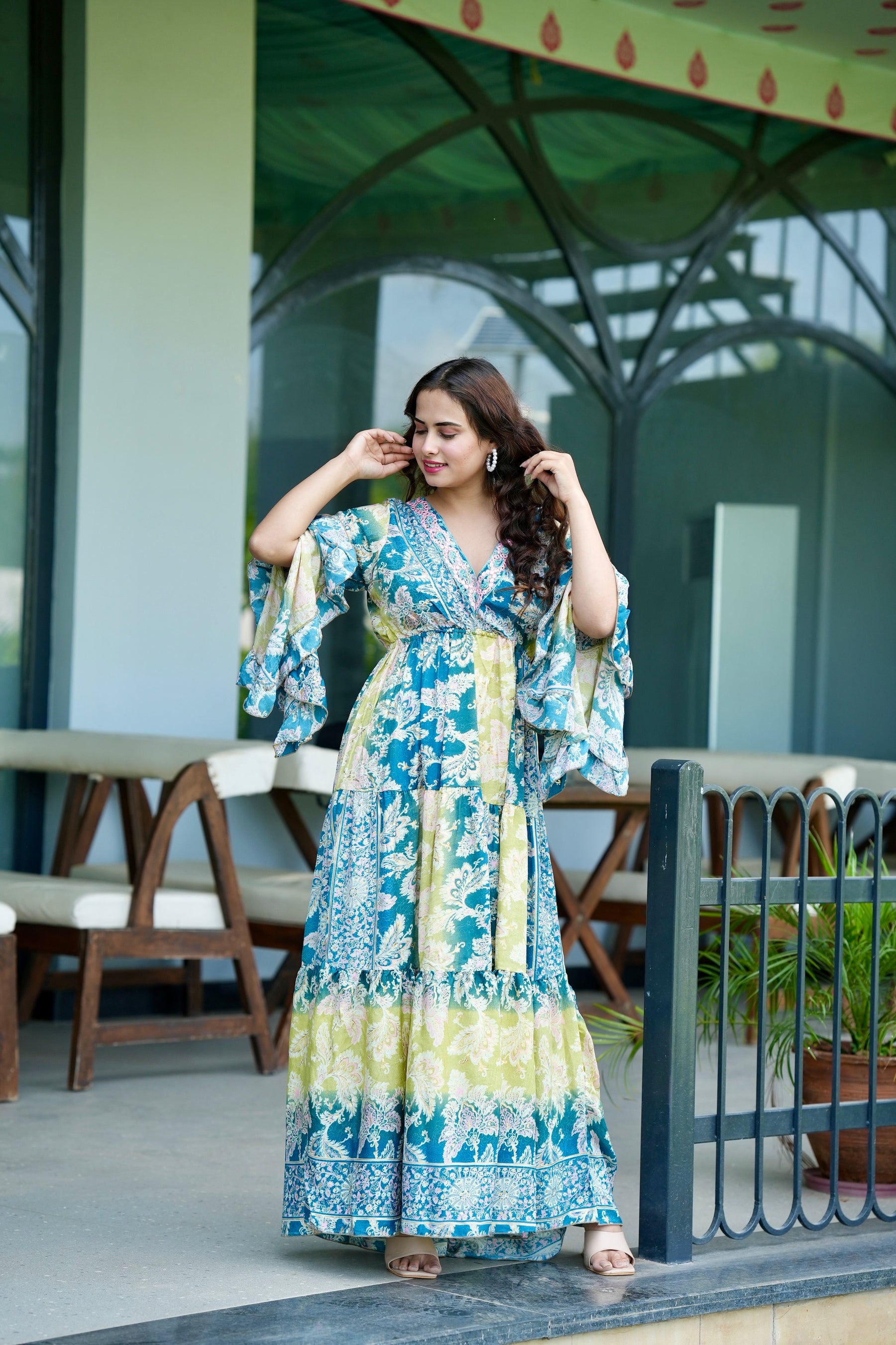 Ruffle Sleeves Boho Maxi Dress- Aqua Meadow SmisingBee