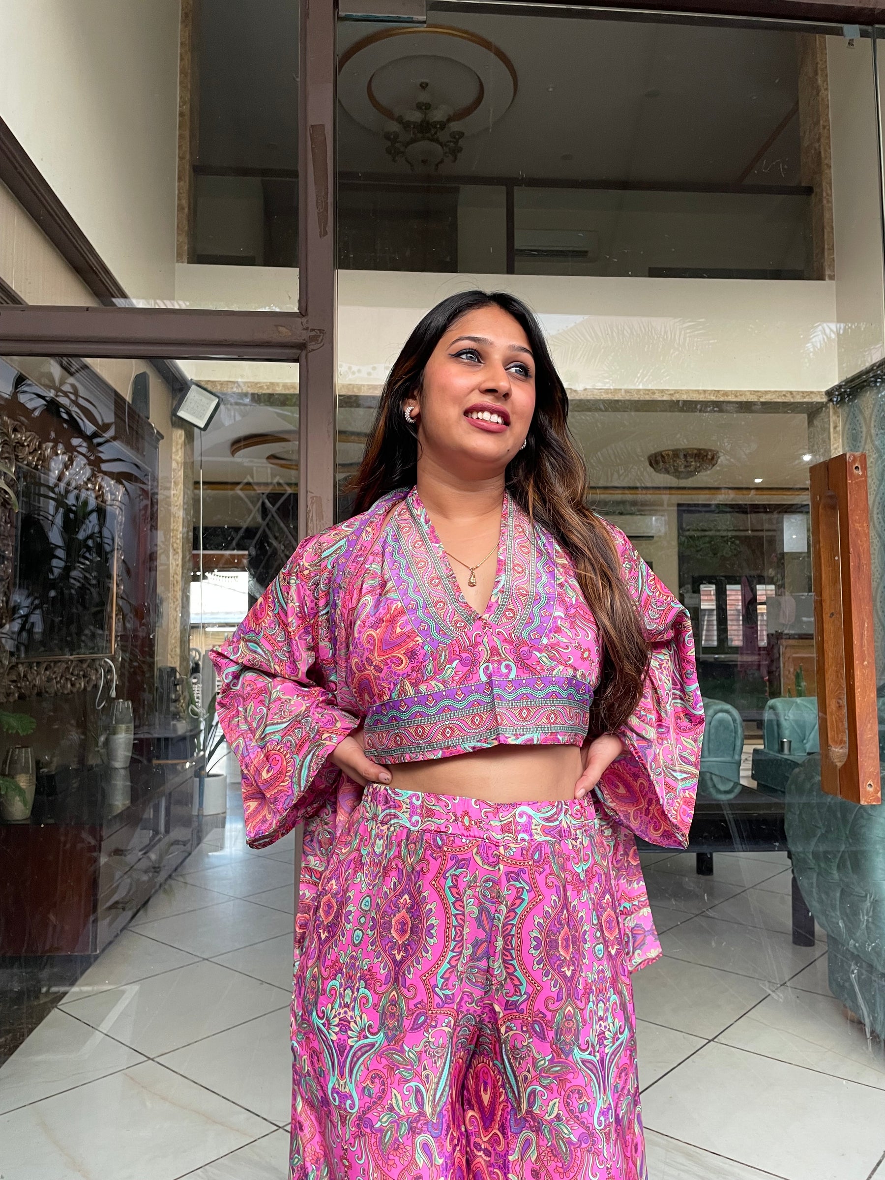 Boho Printed Bell Sleeves Kimono Coordinate Set - Rosy Blush