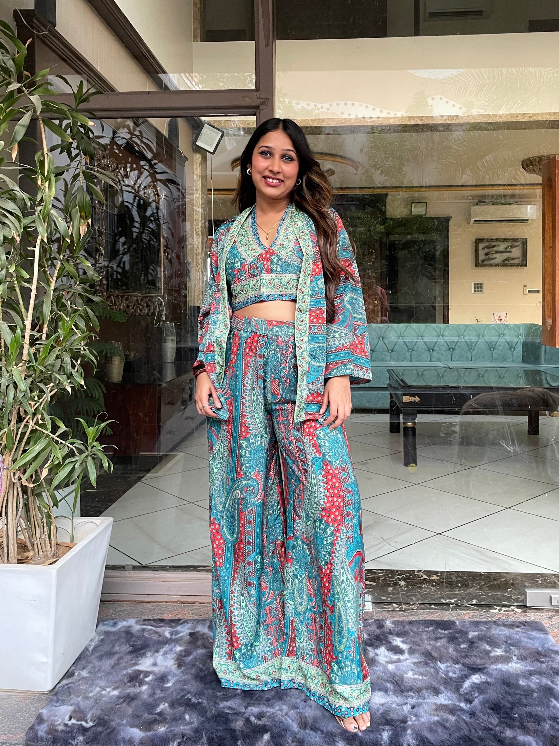 Boho Printed Bell Sleeves Kimono Coordinate Set - Deep Seaglass