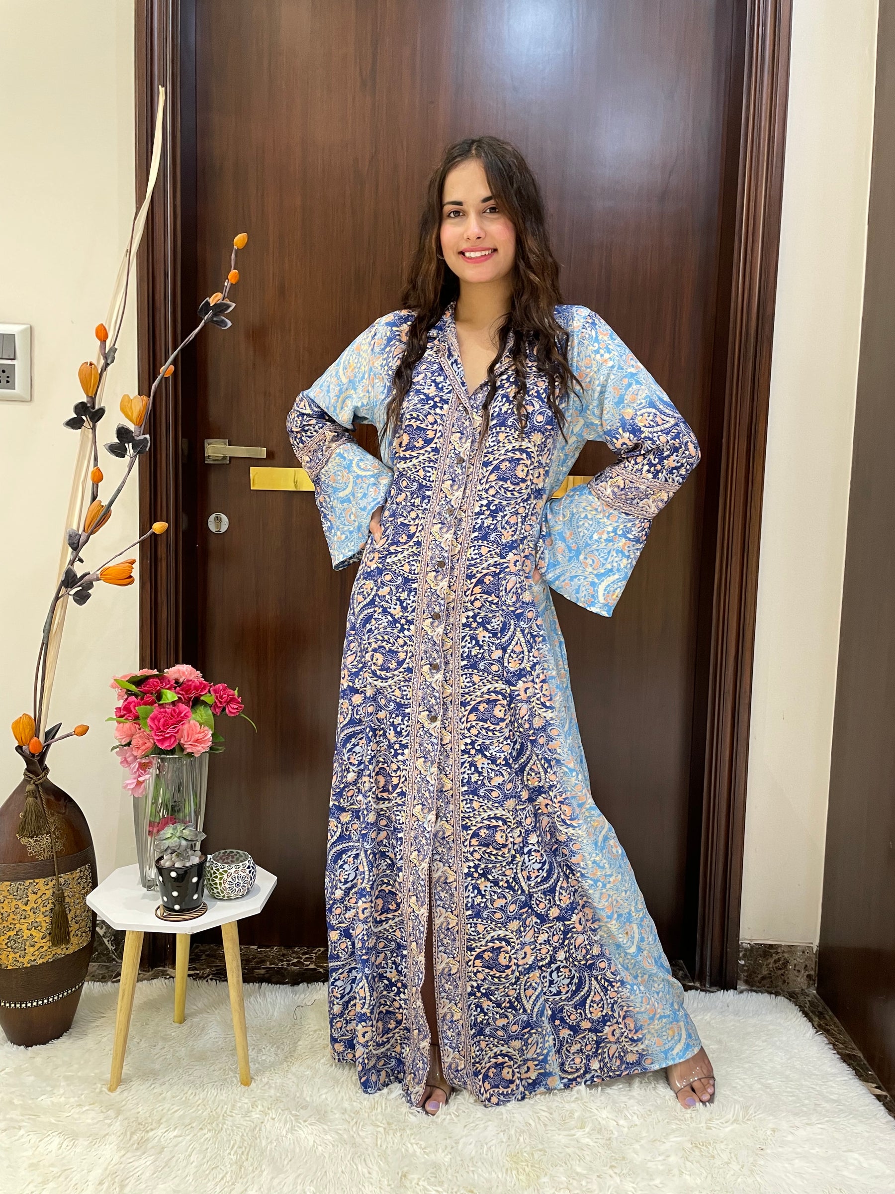 Collar pattern gold (foil) print featured boho long dress - Blue
