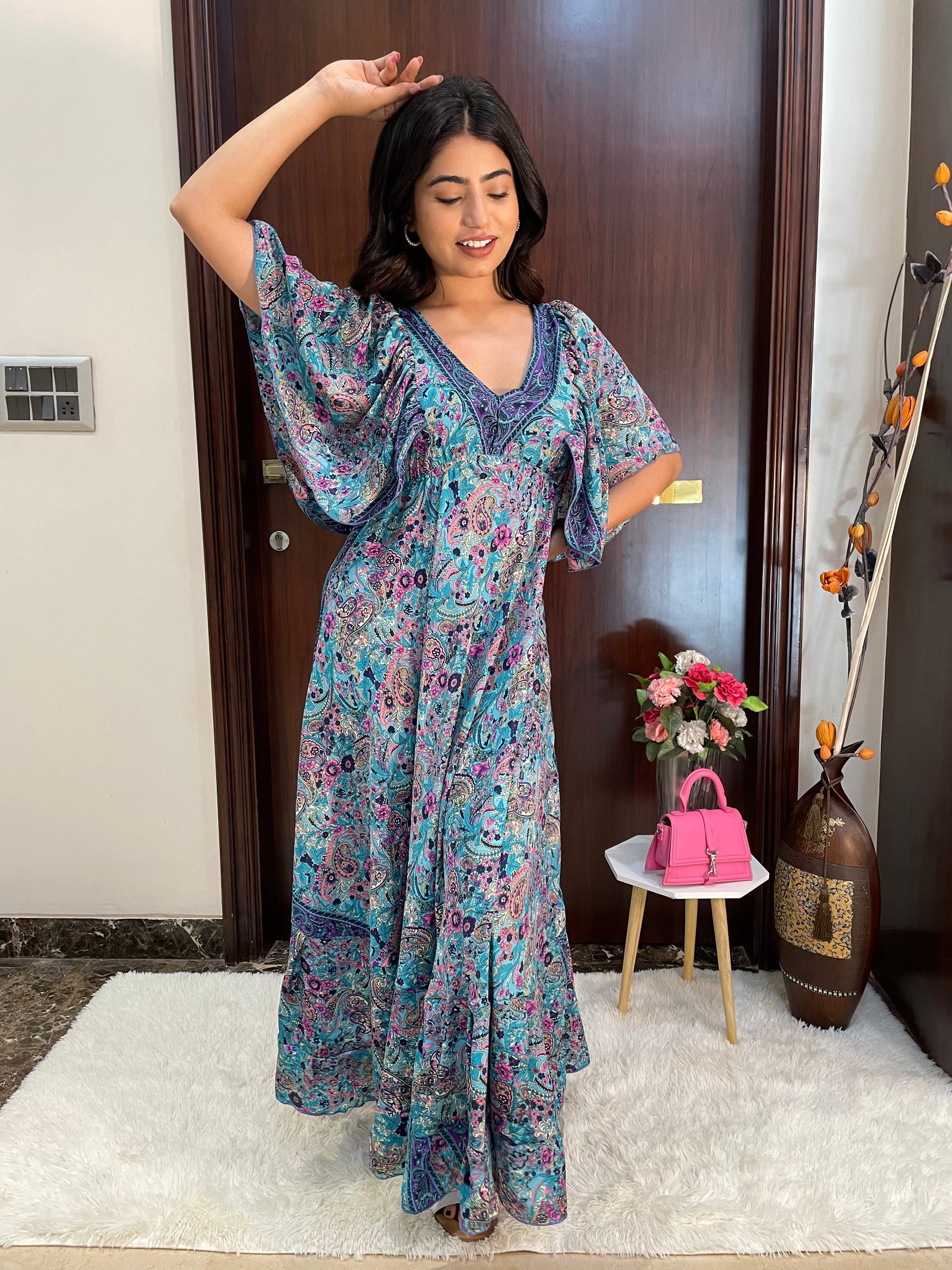 Deep V neck gold (foil) print featured boho maxi dress-Smisingbee