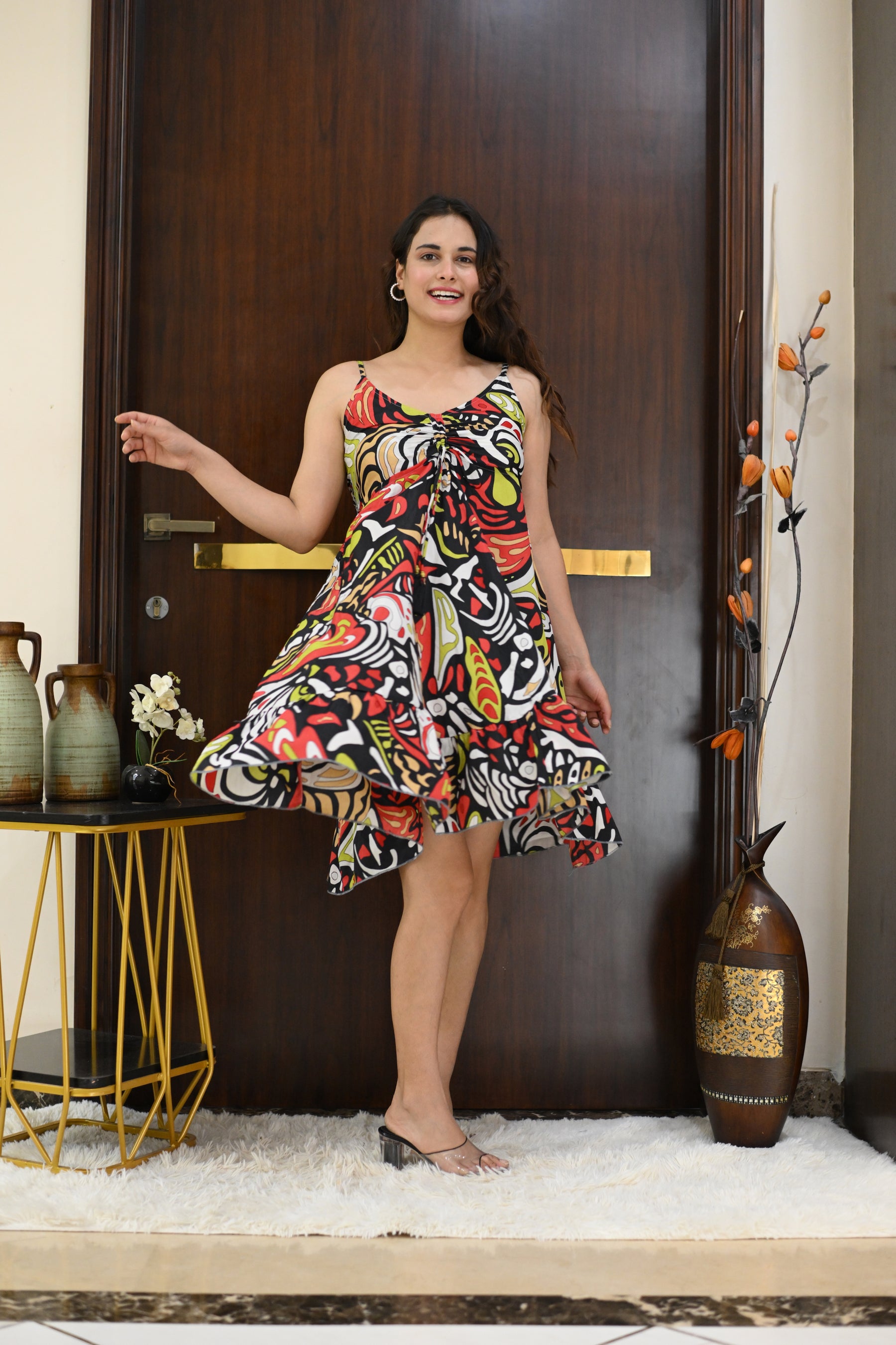 Ruched Bust Boho Printed Short Dress - Tropical Tango