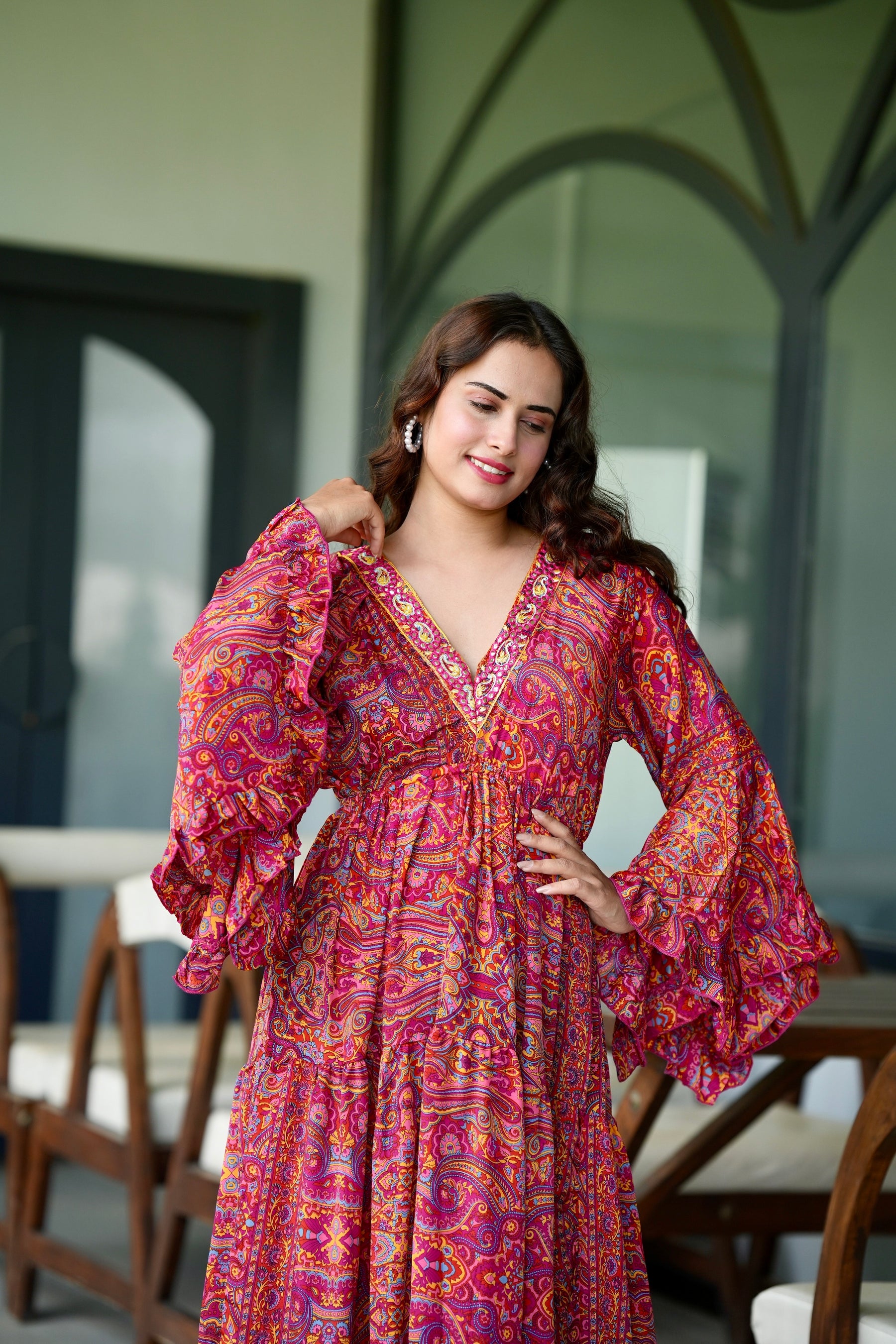 Ruffle Sleeves Boho Maxi Dress- Ruby Red Royalty