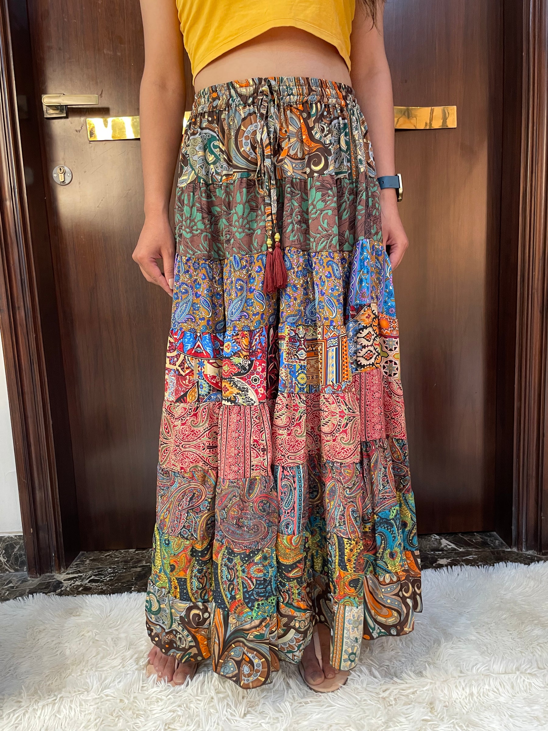 Multi Panel Boho Printed Long Skirt - Chromatic Nightfall