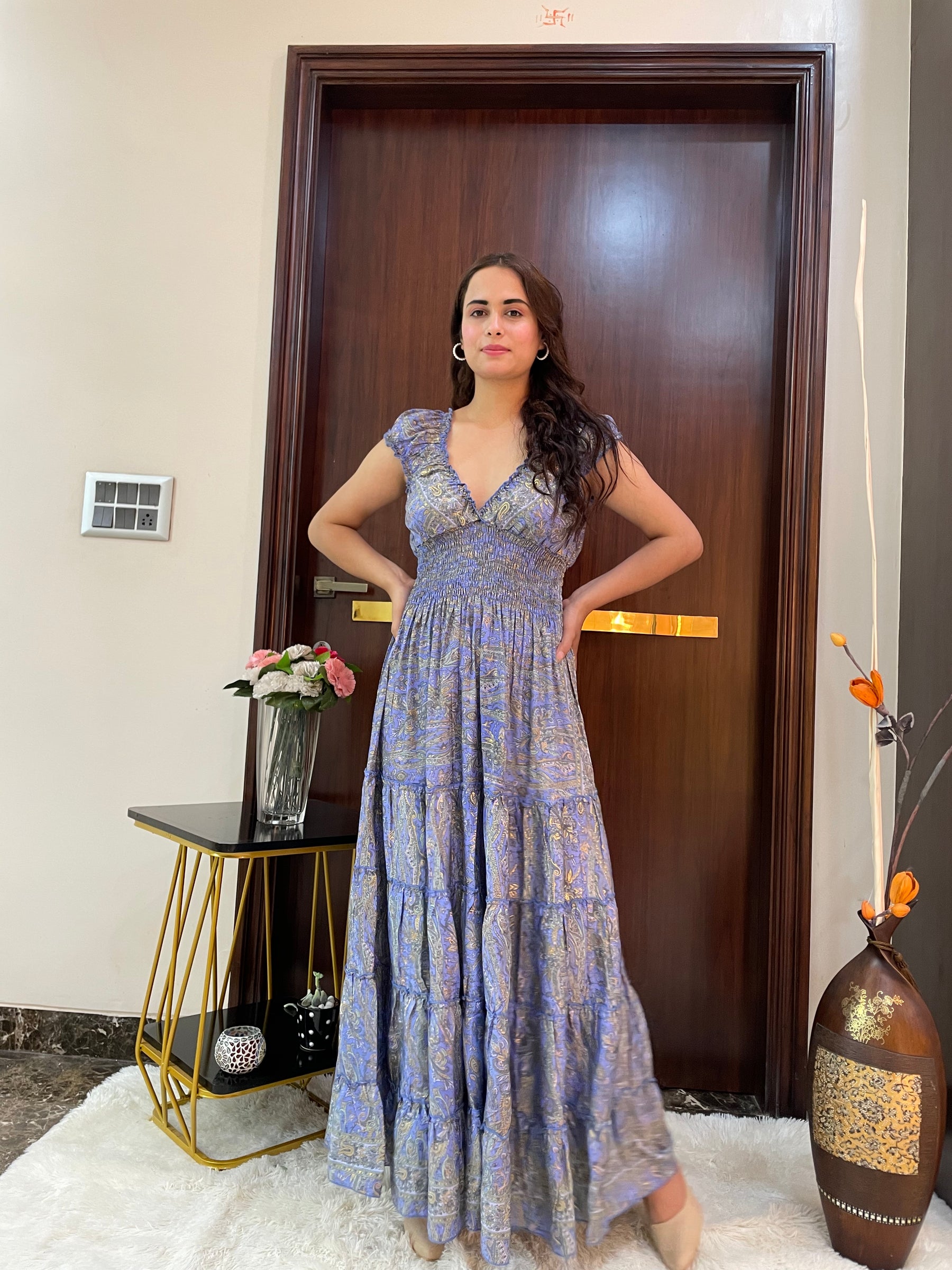 Classic Charm Boho Printed Maxi Dress - Blueberry Latte