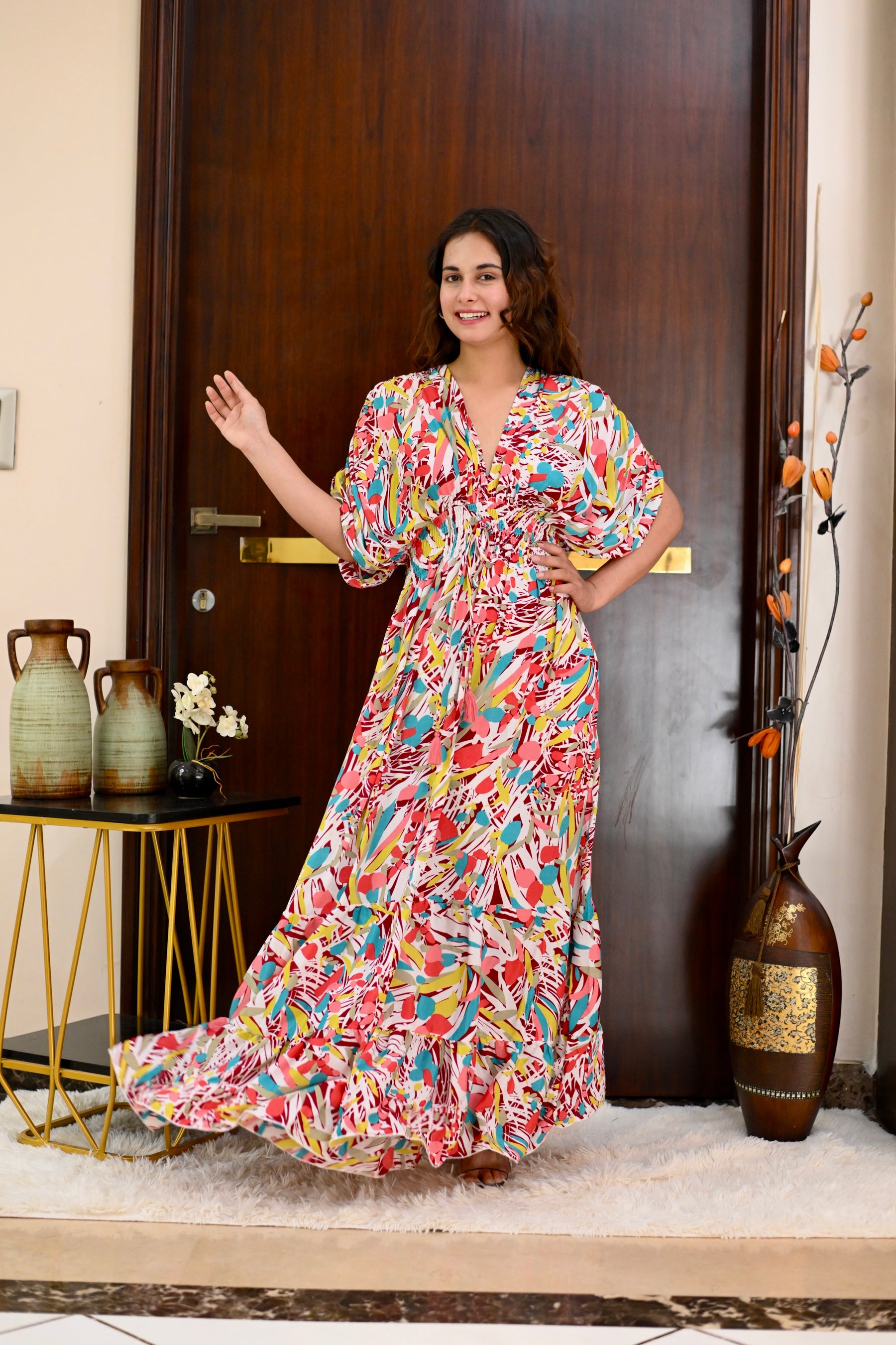 Ballon Pattern Boho Printed Maxi Dress - Rosy Elegance