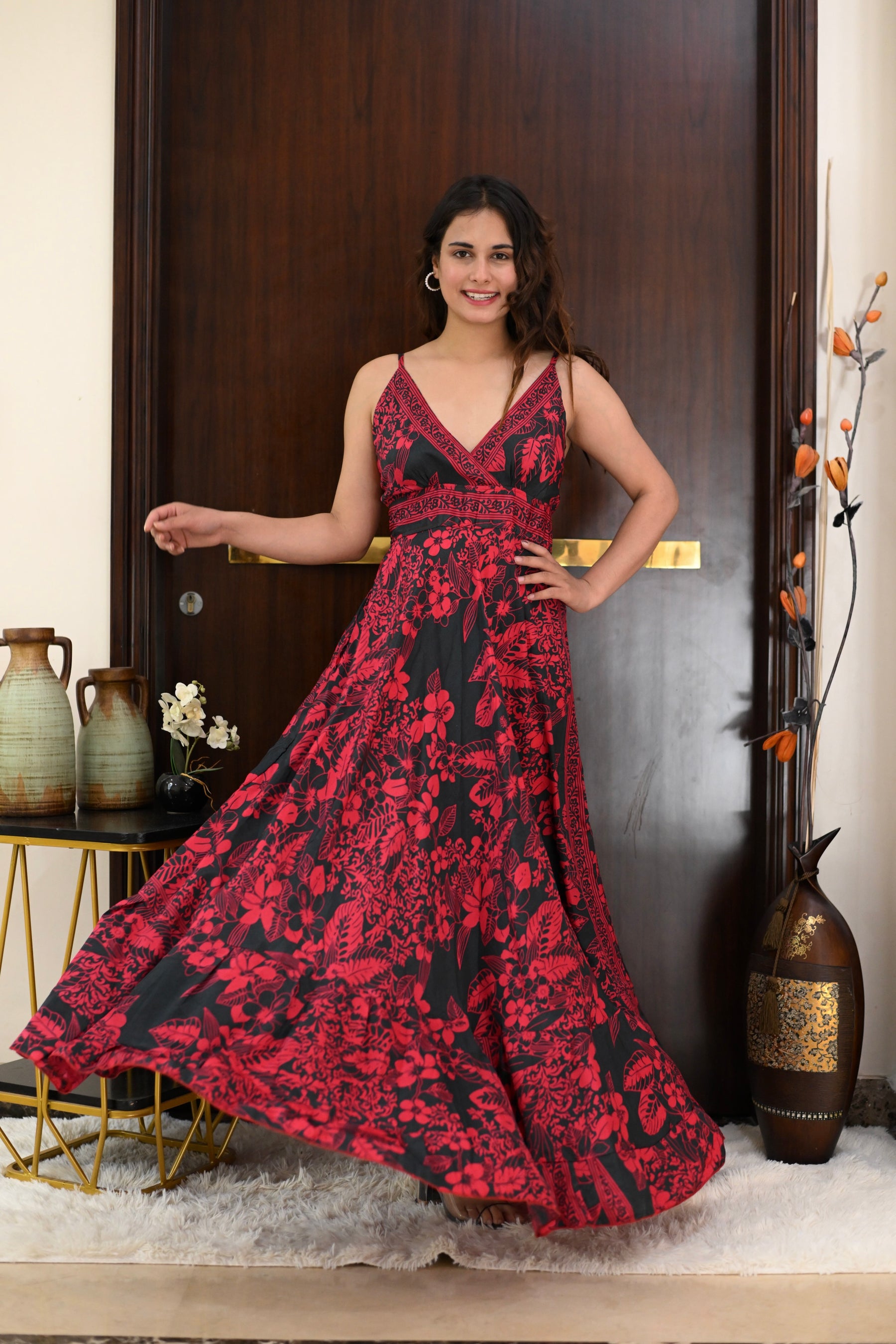 V Neck Boho Printed Maxi Dress