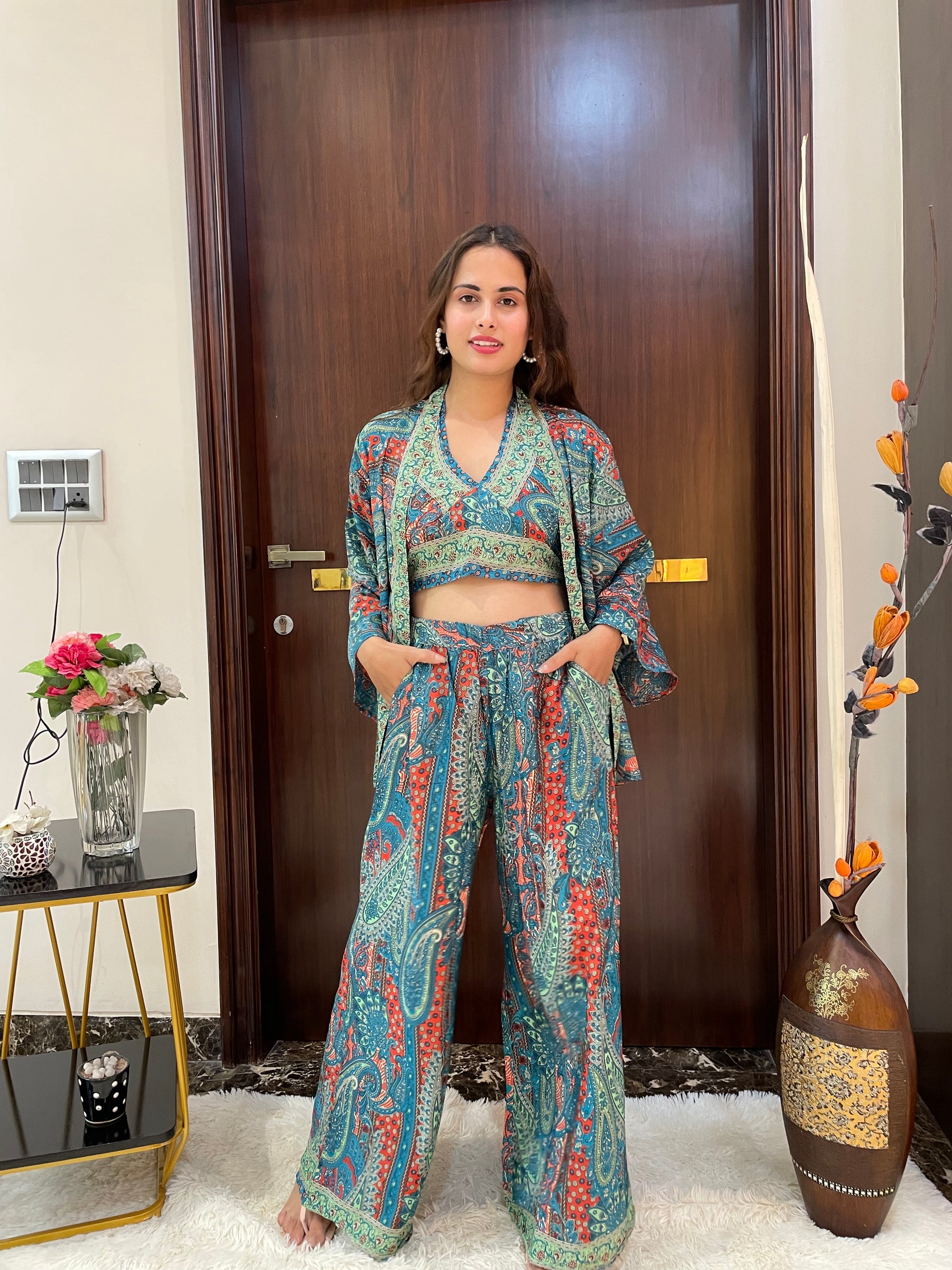 Boho Printed Bell Sleeves Kimono Coordinate Set - Deep Seaglass
