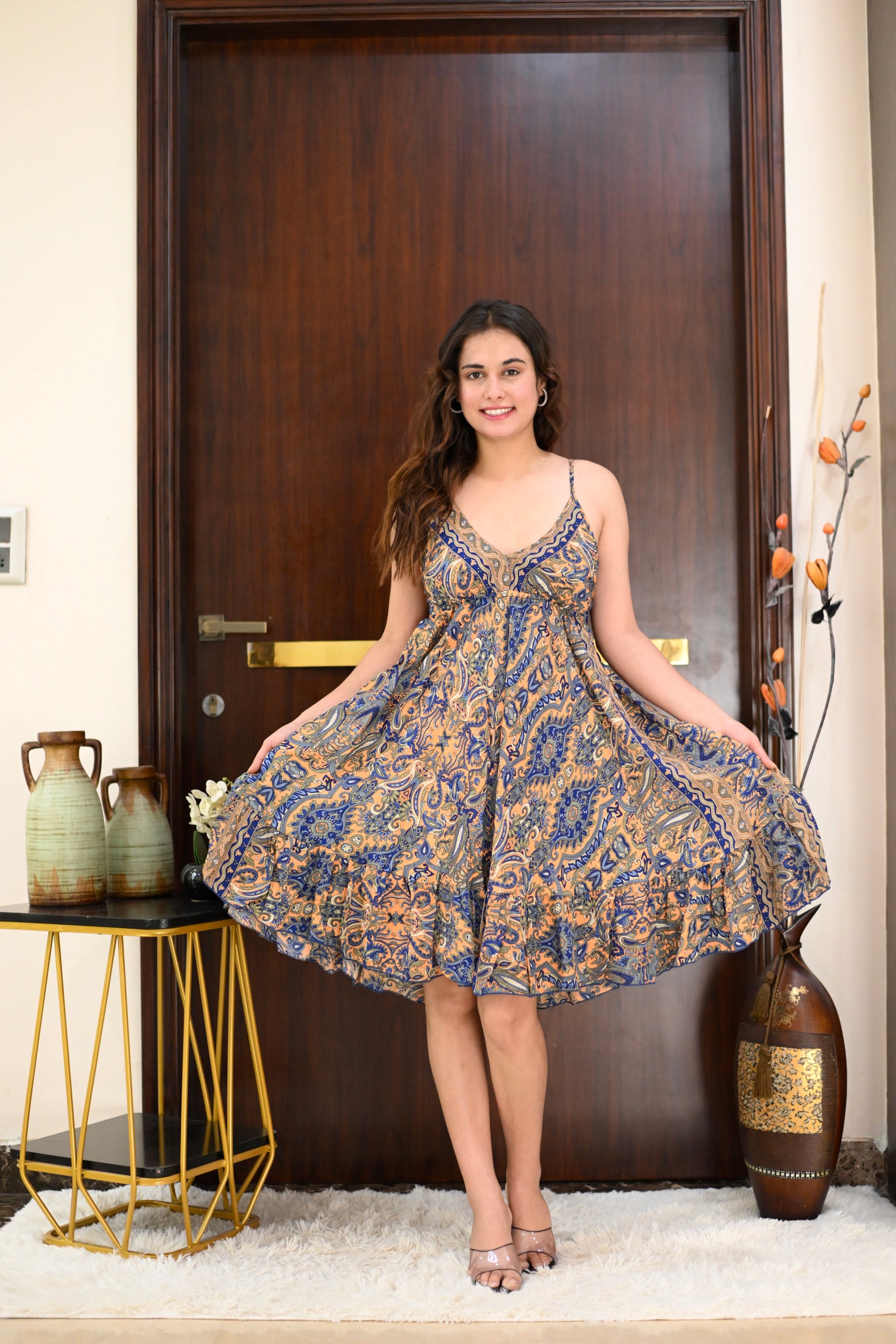 Ruffle Hem Boho Printed Short Dress - Rusty Wave