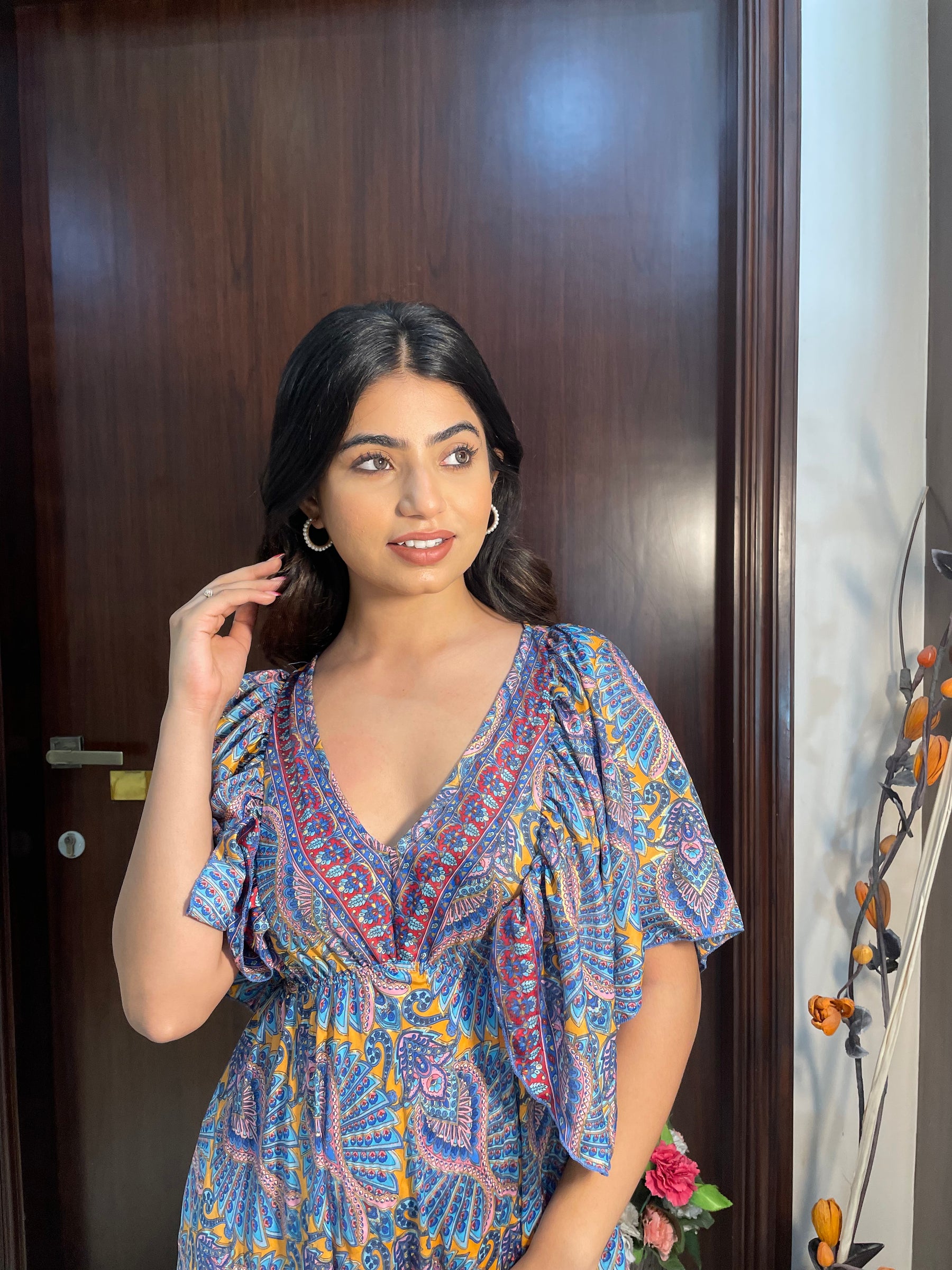 Deep V neck gold (foil) print featured boho maxi dress-Smisingbee
