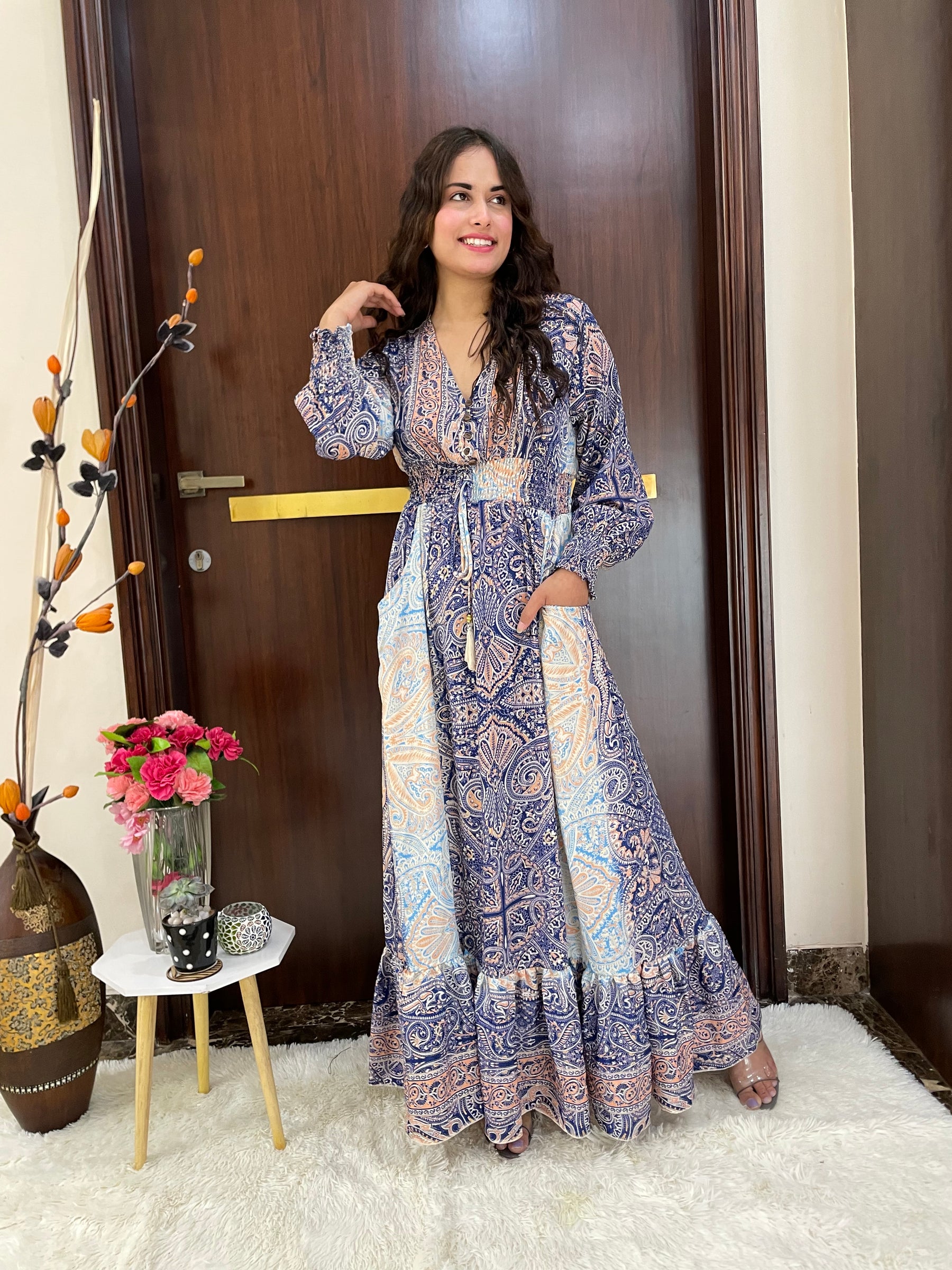 Two shade full sleeves gold(foil)print featured boho maxi dress - Smisingbee