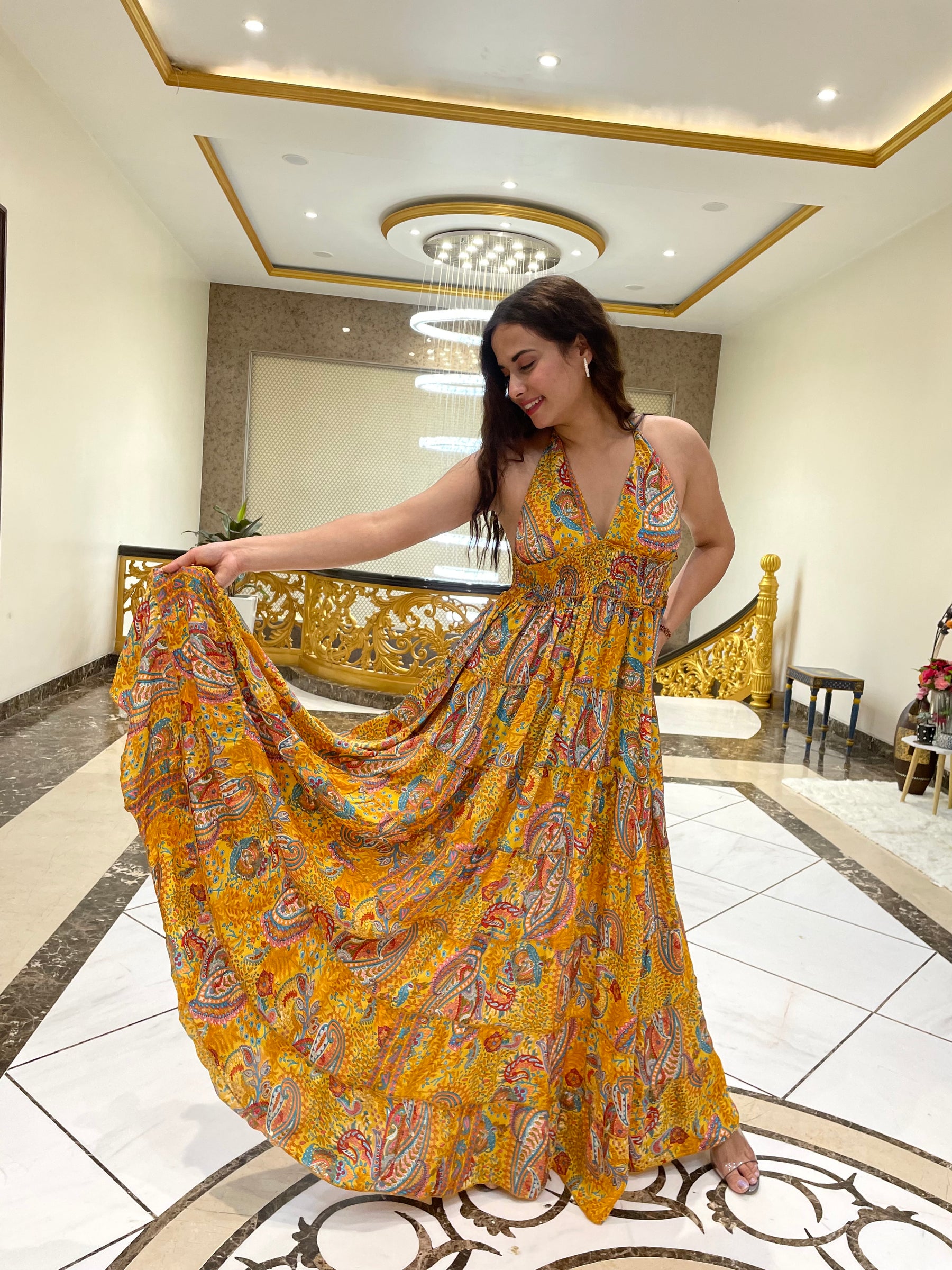 Halter Neck Multi Panel Boho printed Maxi Dress In Yellow
