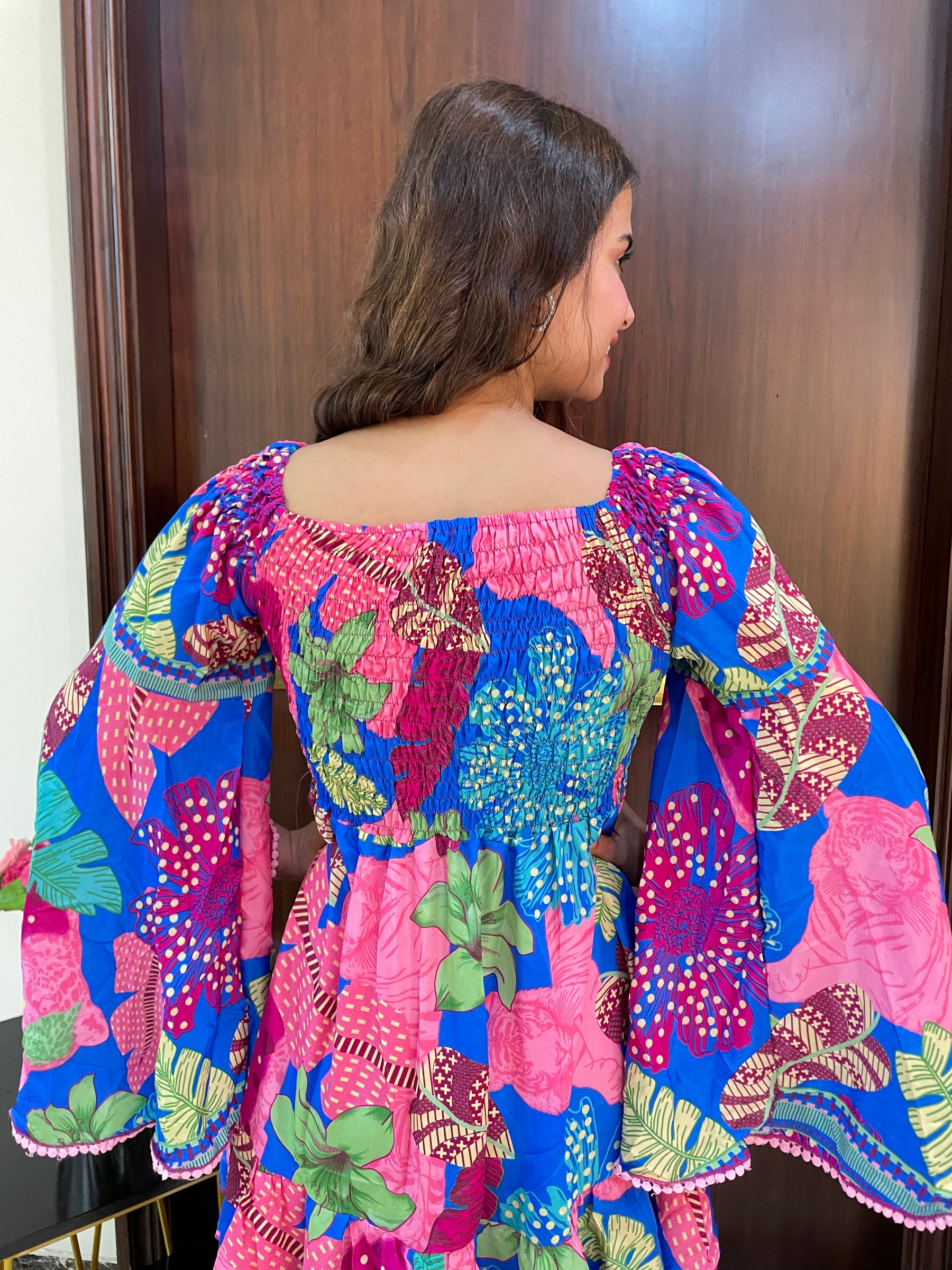 Elasticated Bust Bell Sleeves Boho Printed Short Dress - Blue