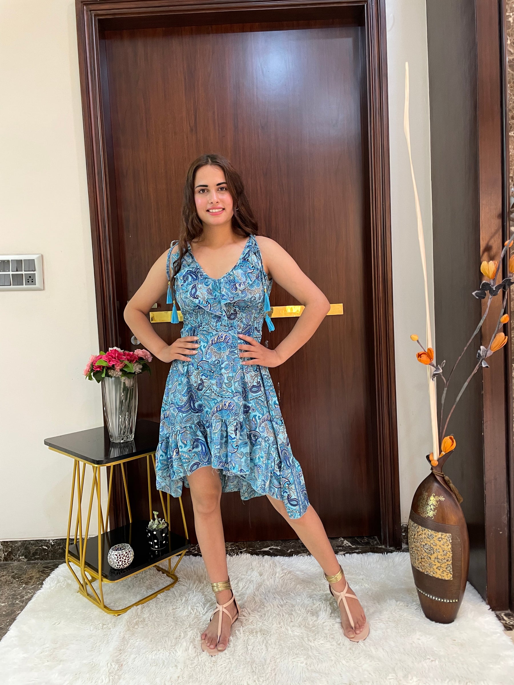 Frilled Flair Boho Printed Short Dress- Blue