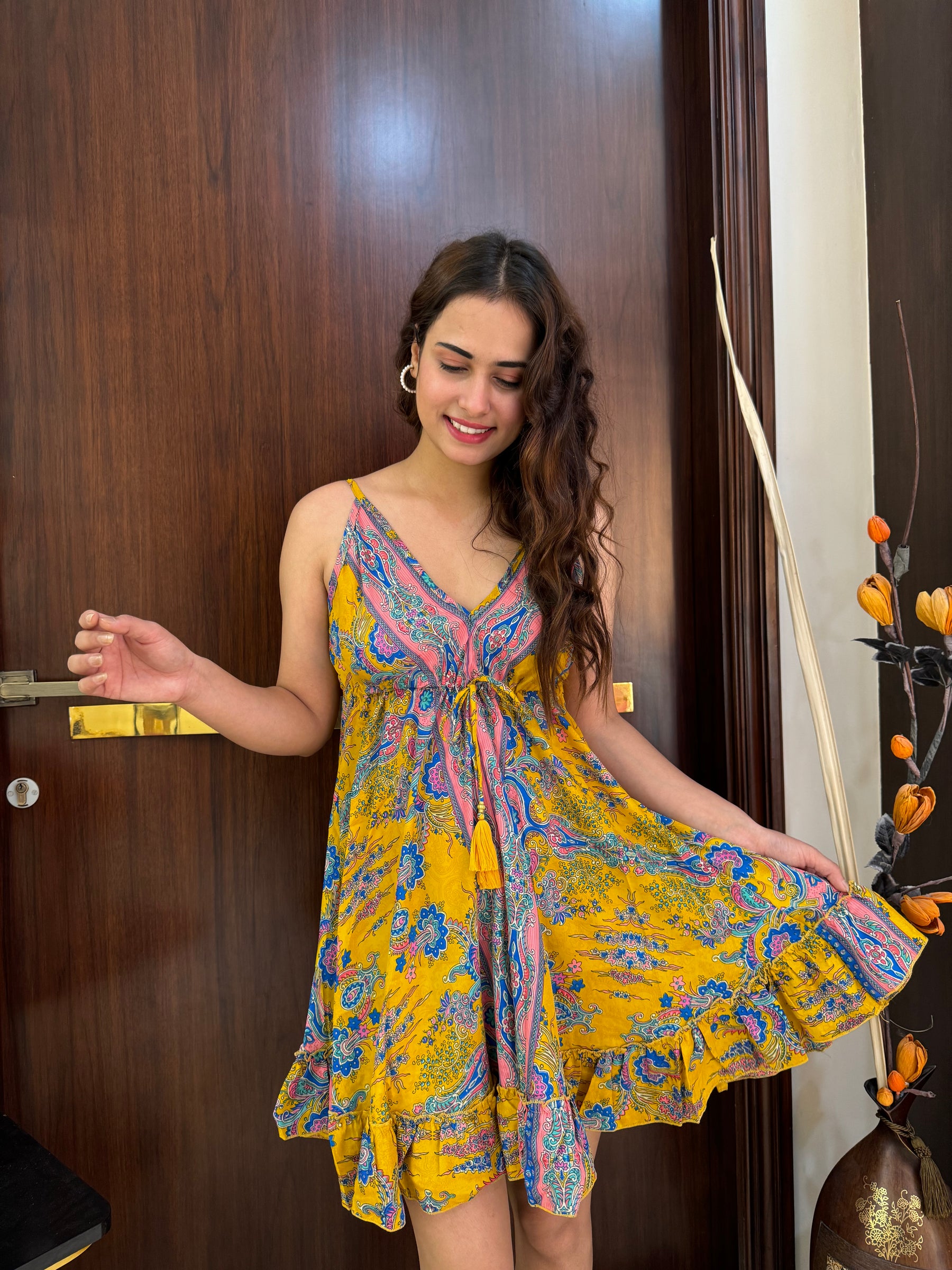Frilled Flair Back Boho Printed Short Dress-Sunshine Yellow SmisingBee