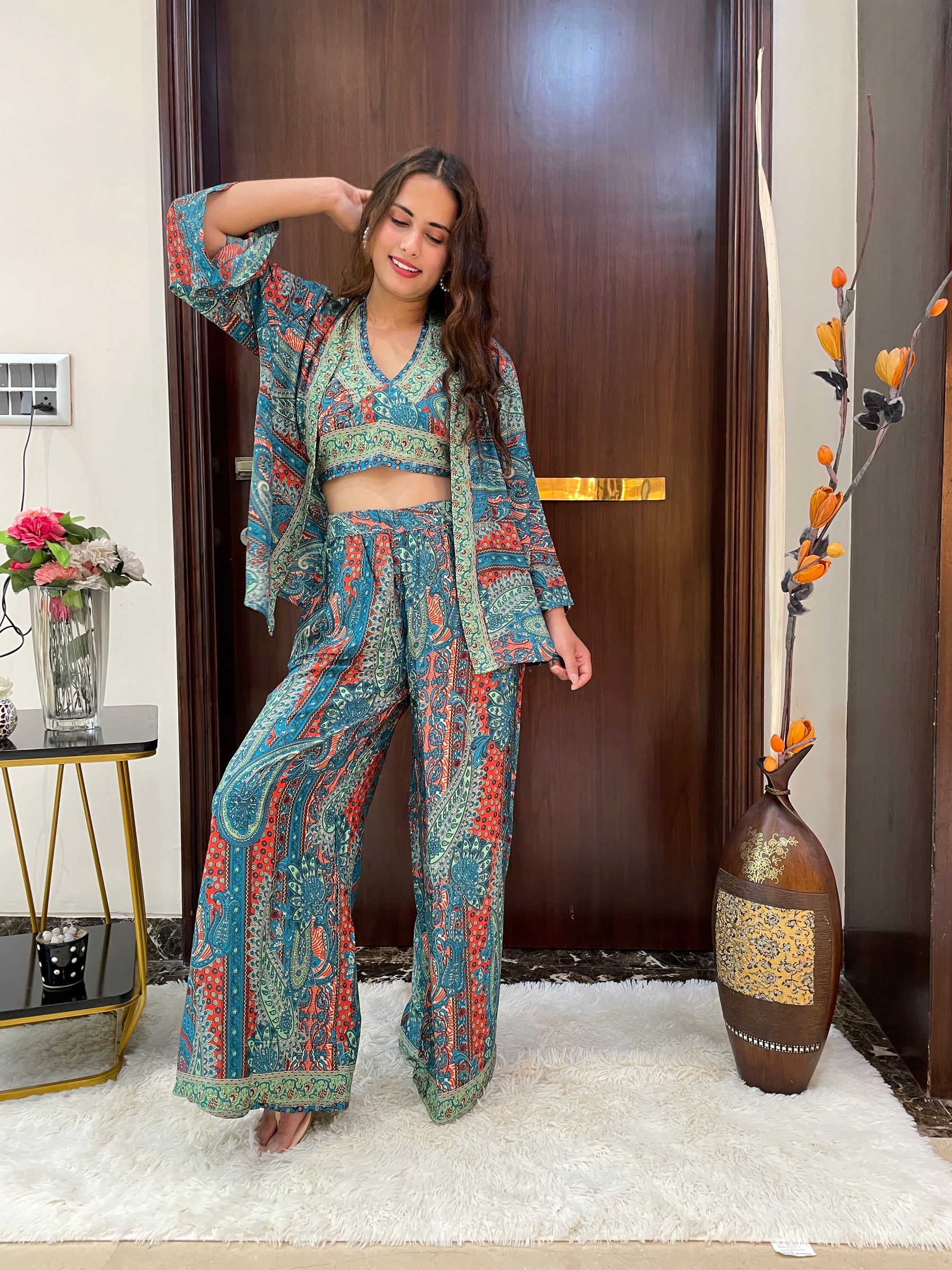 Boho Printed Bell Sleeves Kimono Coordinate Set - Deep Seaglass