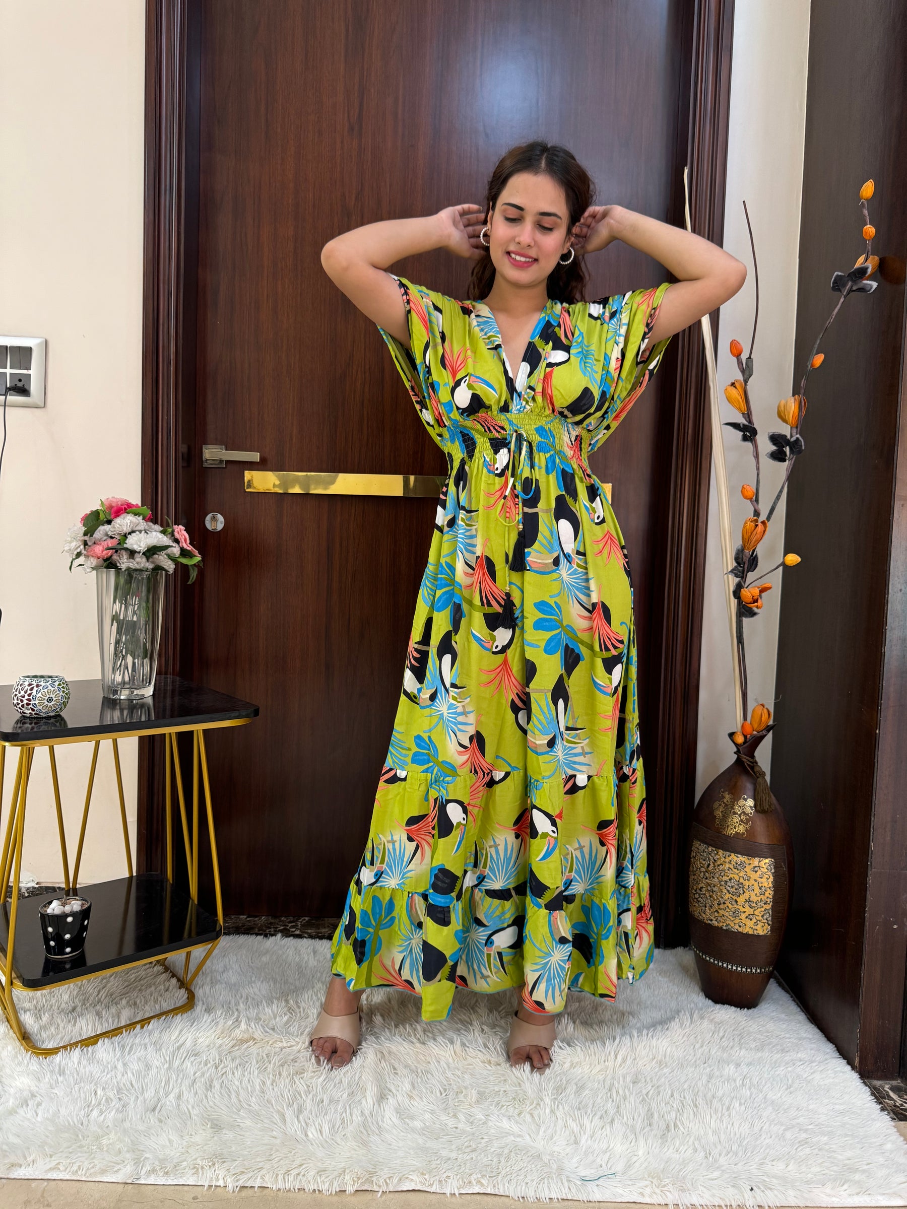 Balloon Pattern Boho Printed Maxi Dress - Vibrant Parrot Green