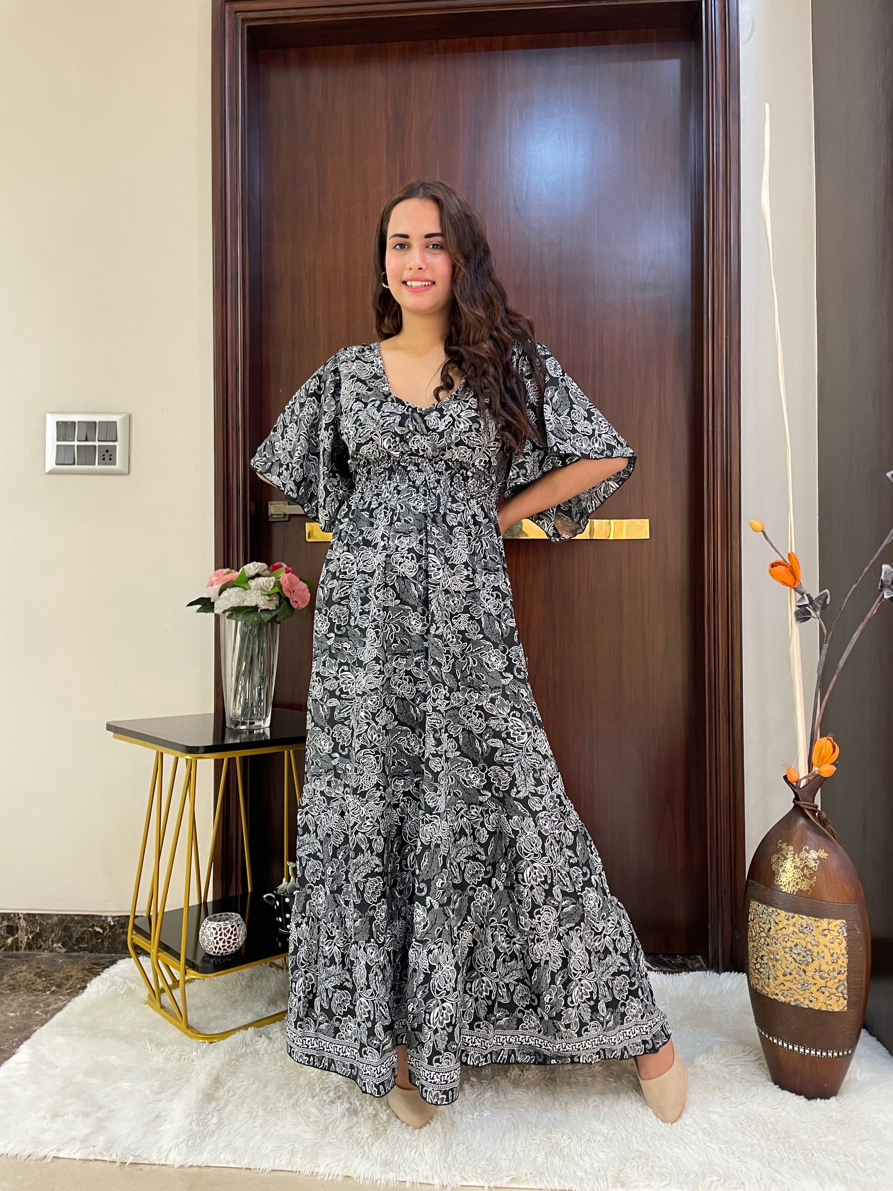 Monochrome Elegance Boho Printed Maxi Dress