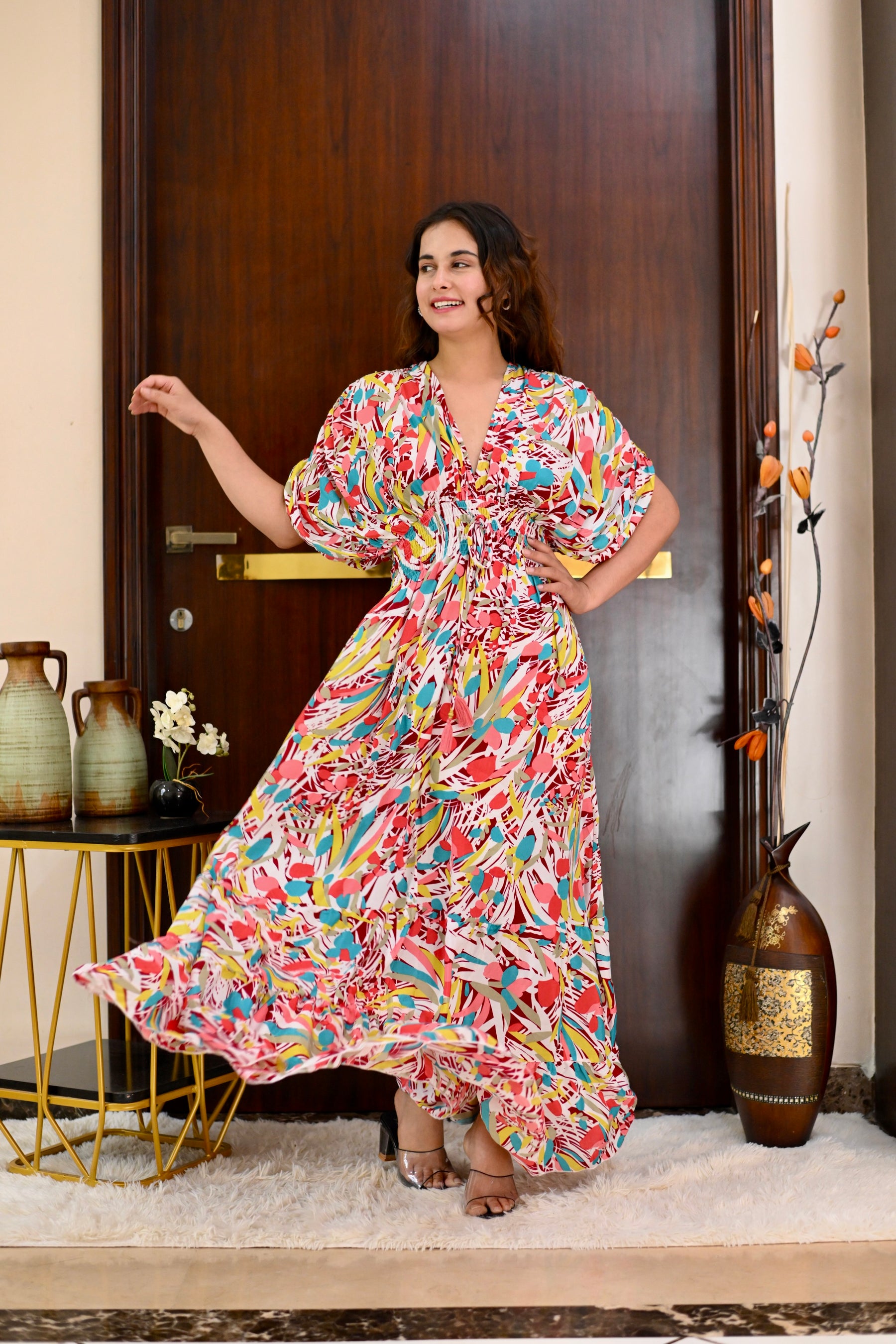 Ballon Pattern Boho Printed Maxi Dress - Rosy Elegance