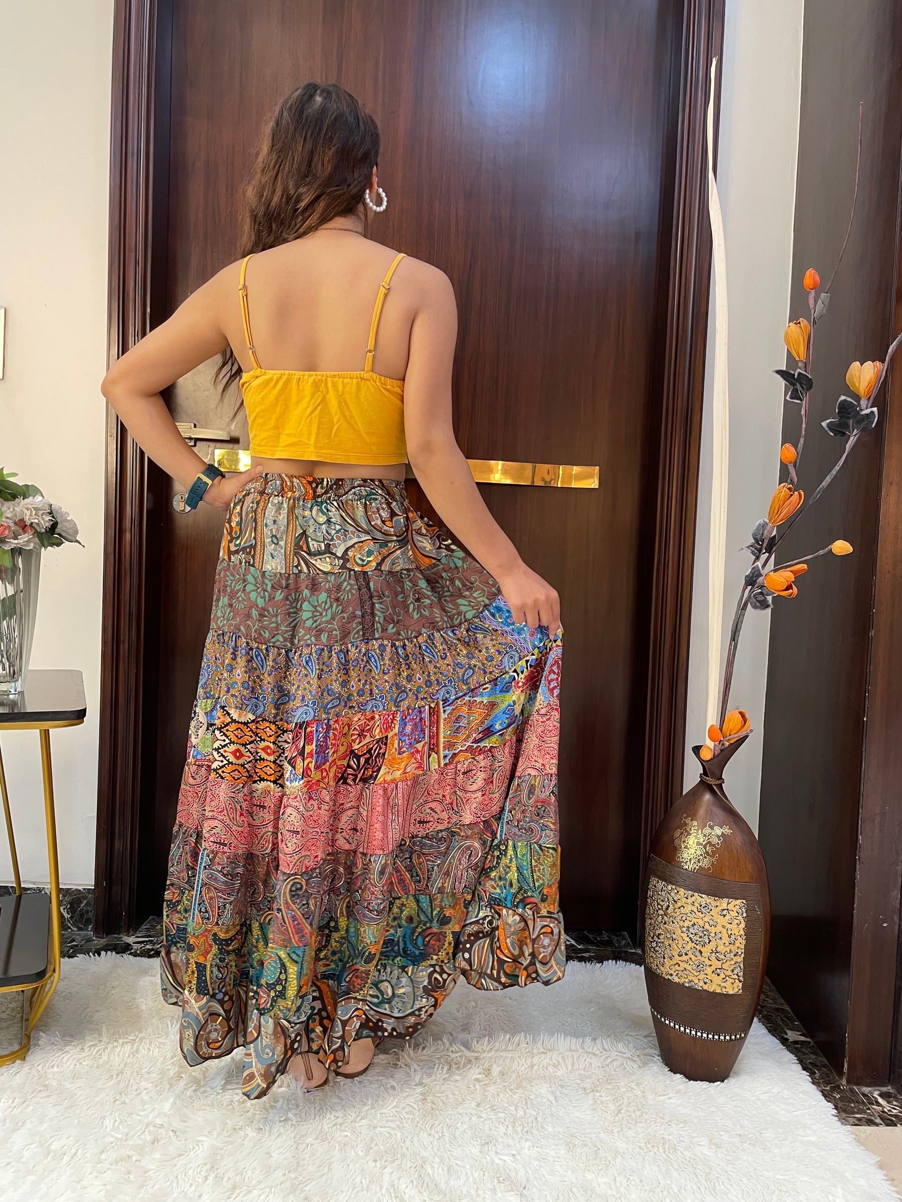 Multi Panel Boho Printed Long Skirt - Chromatic Nightfall