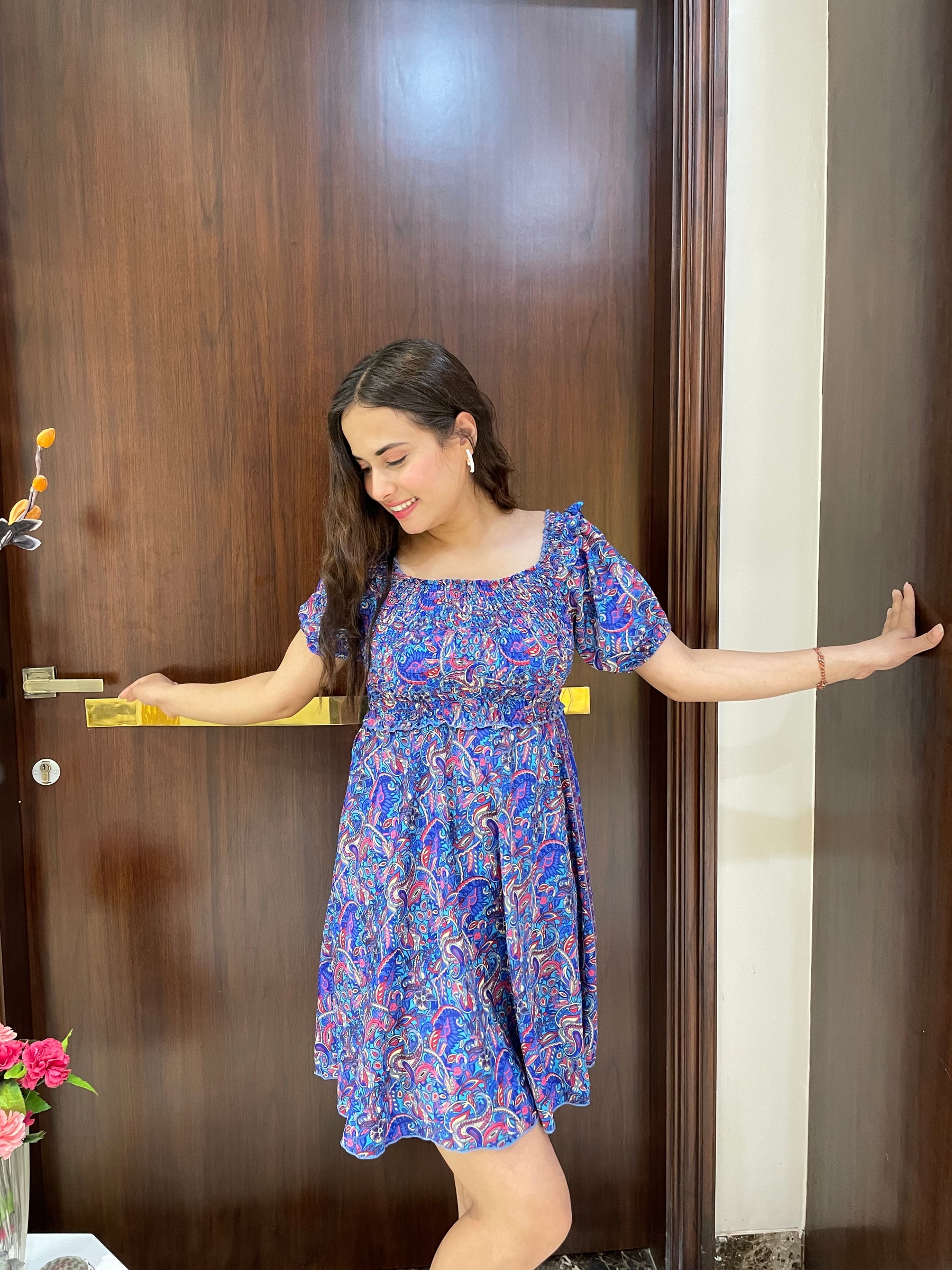 Elasticated Bust Boho Print Short Dress