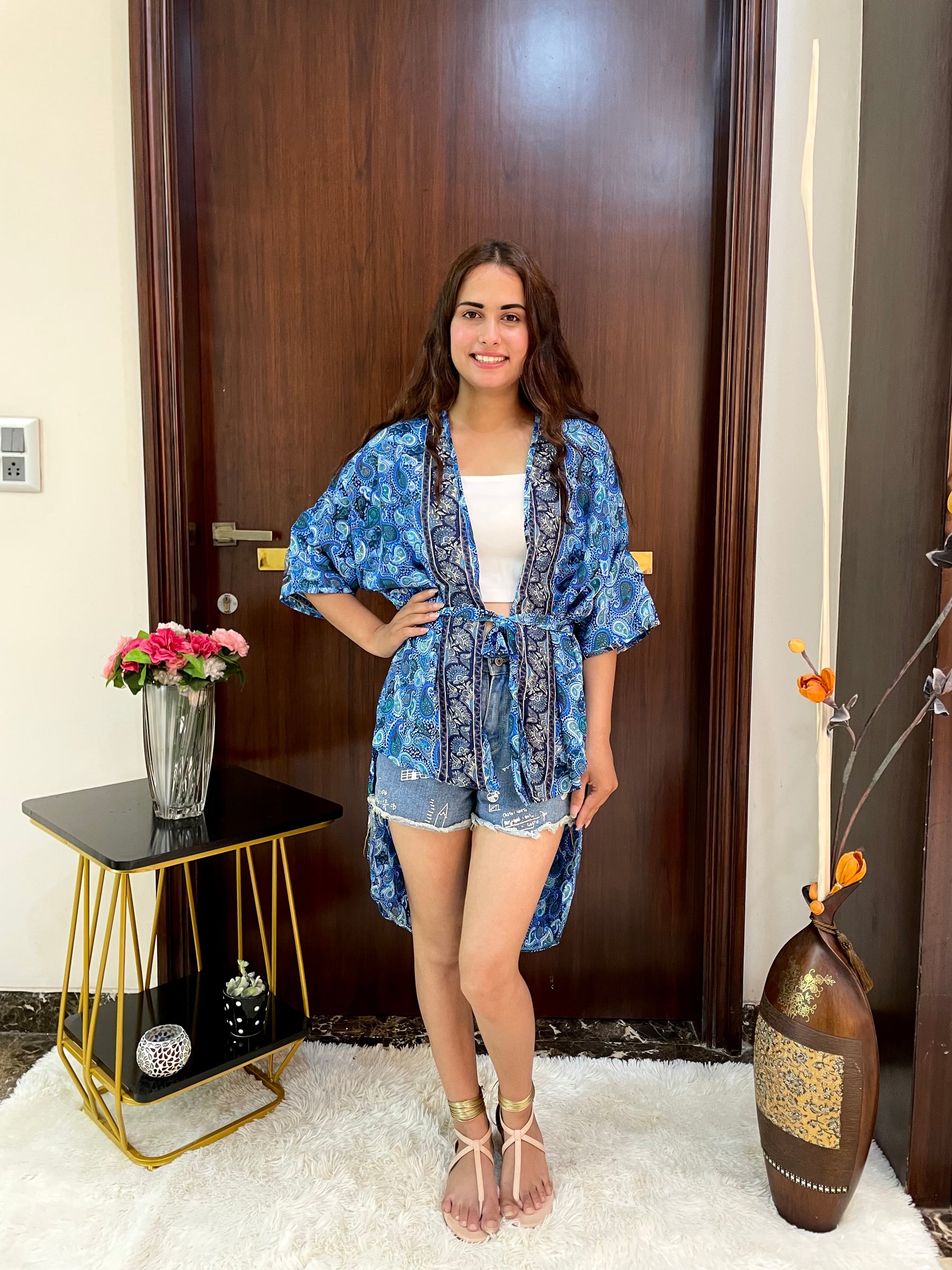 Asymmetric Boho Printed Kimono - Ocean Hues