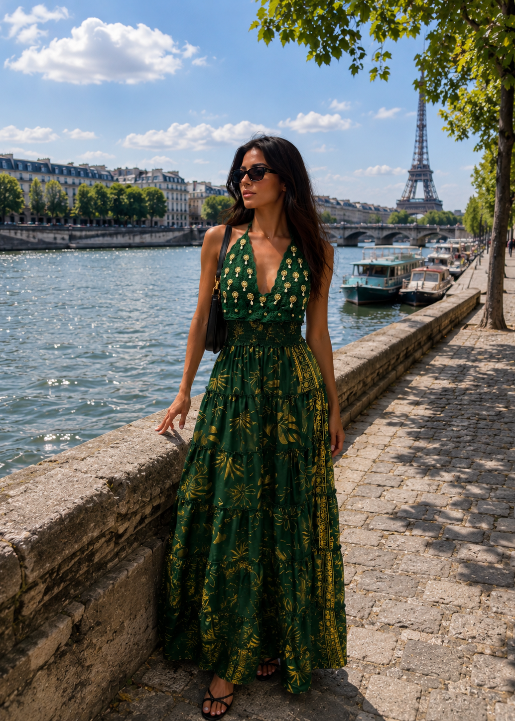 🔥Trending- Halter Neck Hand Work Multi Panel Boho printed Maxi Dress I