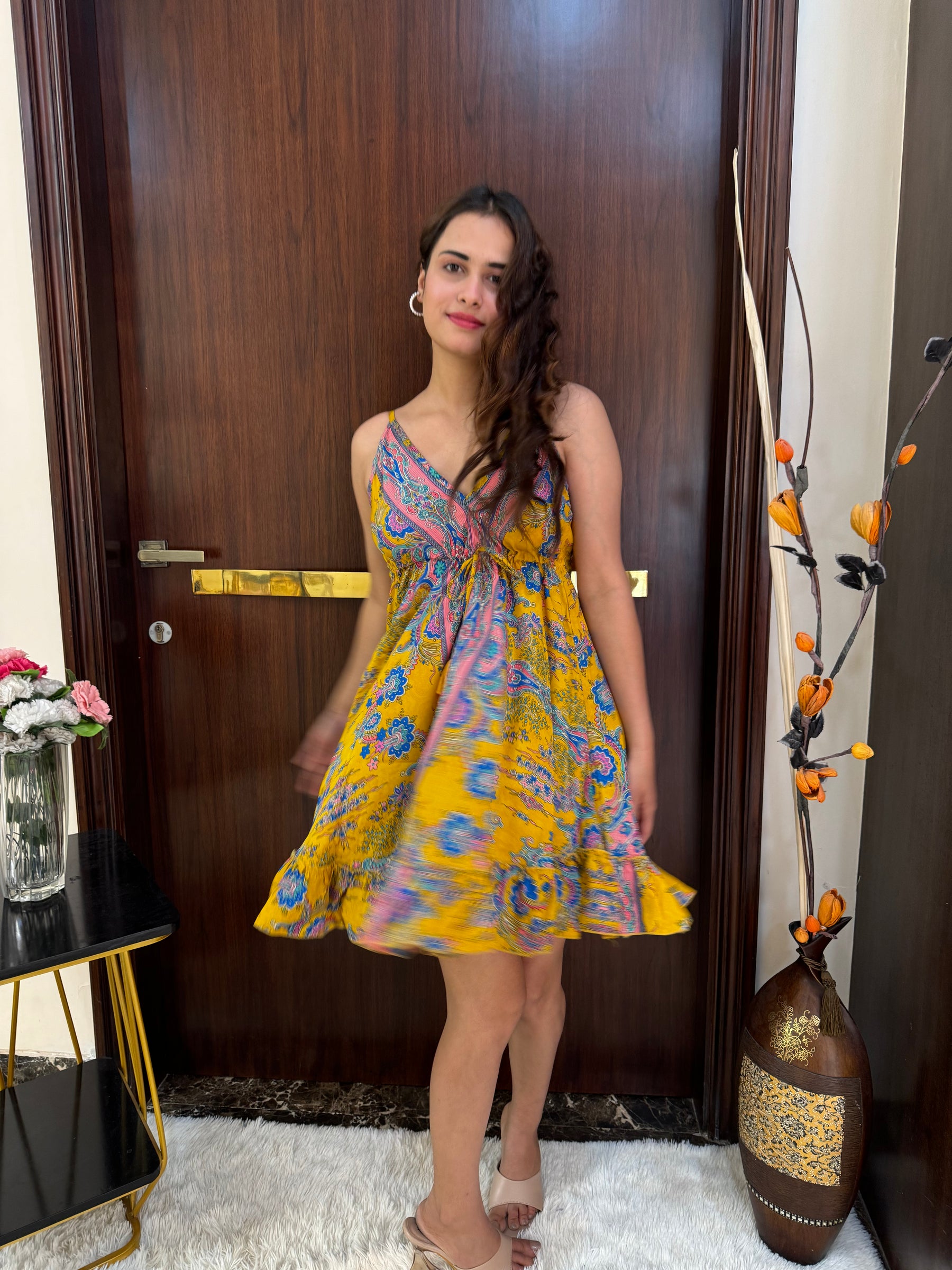 Frilled Flair Back Boho Printed Short Dress-Sunshine Yellow SmisingBee